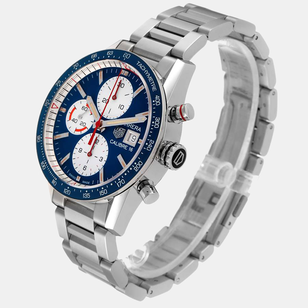 Tag Heuer Blue Stainless Steel Carrera Calibre 16 Chronograph CV201AR Men's Wristwatch 41 Mm