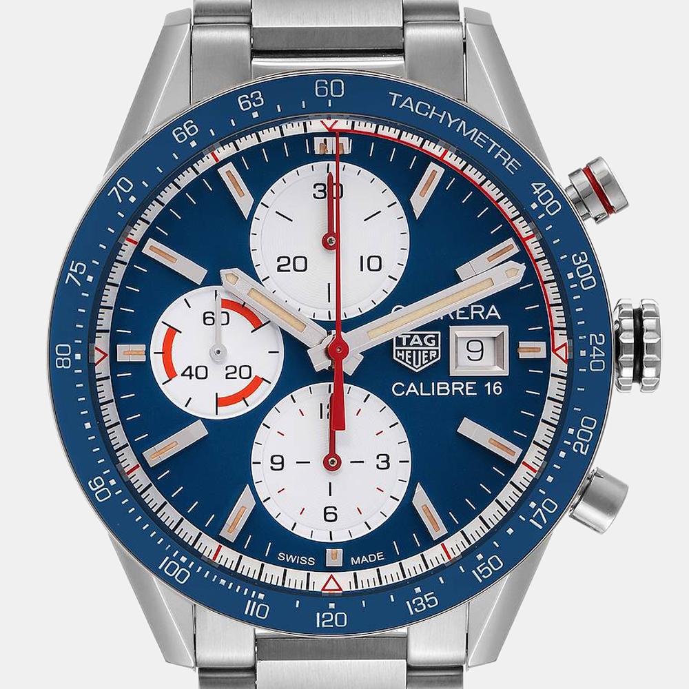 Tag Heuer Blue Stainless Steel Carrera Calibre 16 Chronograph CV201AR Men's Wristwatch 41 Mm