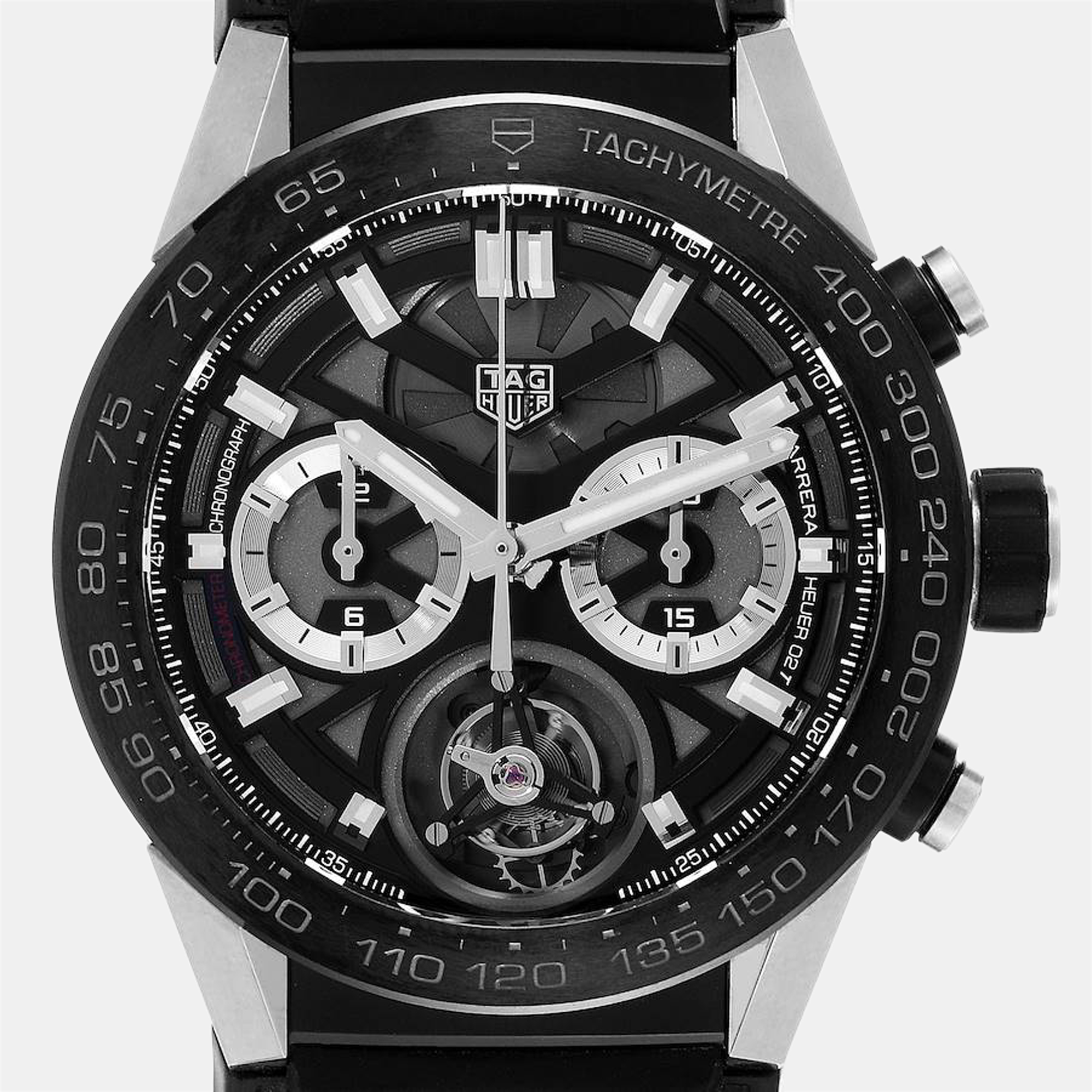 Tag Heuer Black Titanium Carrera Tourbillon Chronograph CAR5A8Y Men's Wristwatch 45 Mm