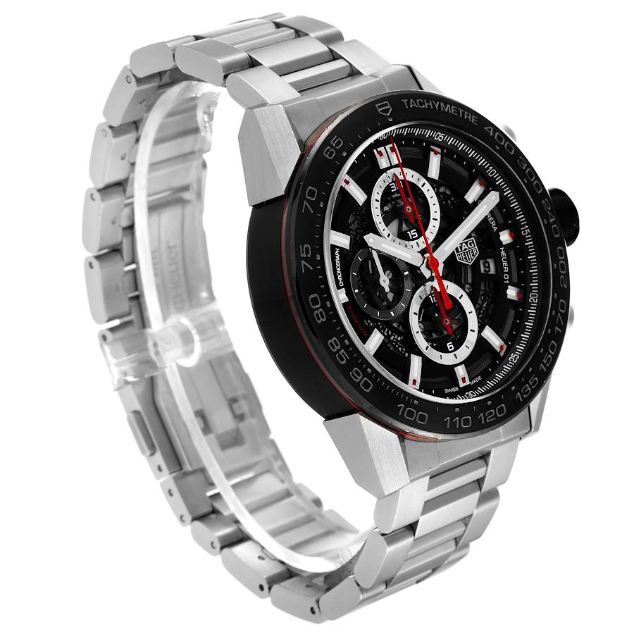 Tag Heuer Black Stainless Steel Carrera Calibre Heuer 01 CAR2A1Z Automatic Men's Wristwatch 45 Mm