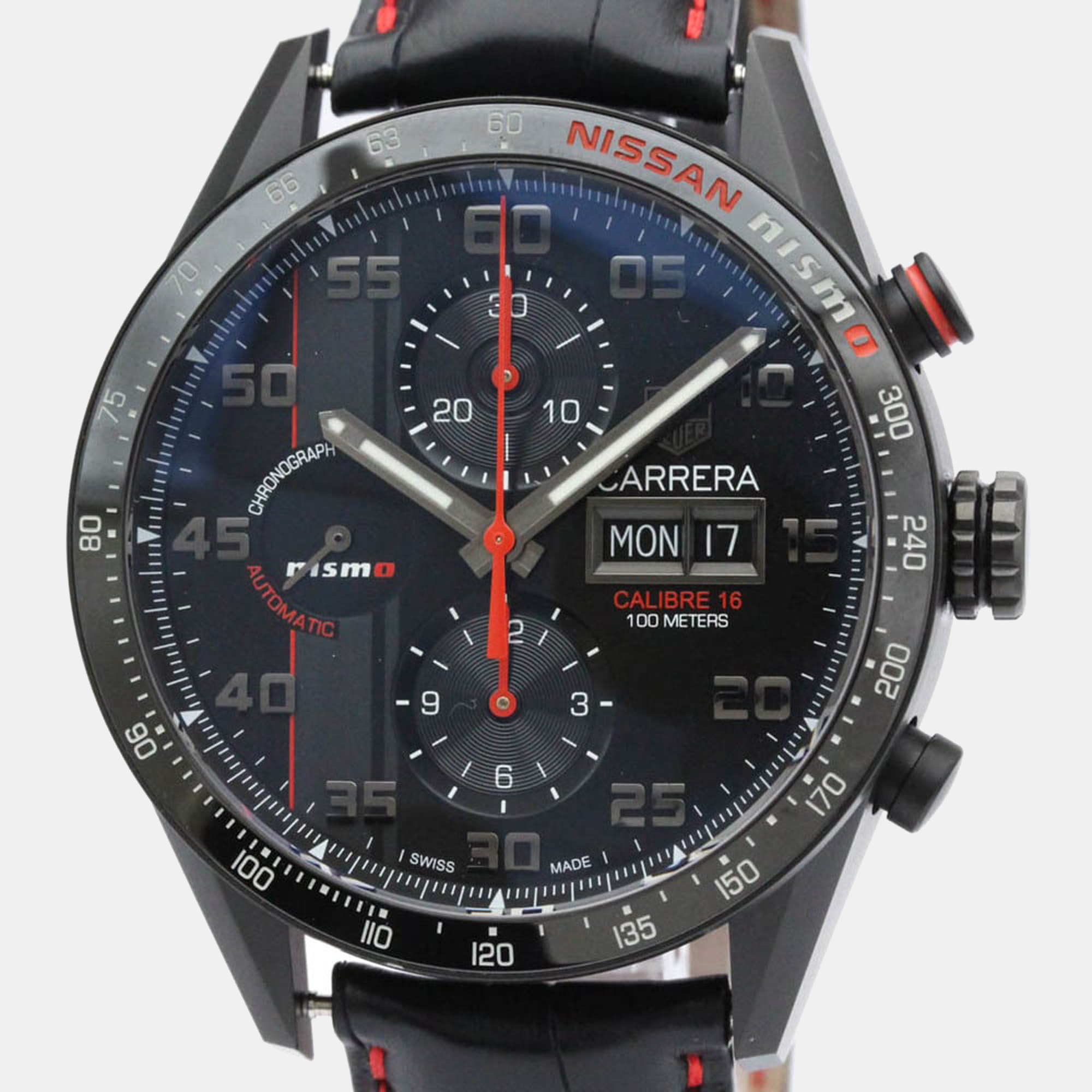 Tag heuer black titanium carrera calibre 16 nismo limited edition cv2a82 automatic chronograph men's wristwatch 43 mm