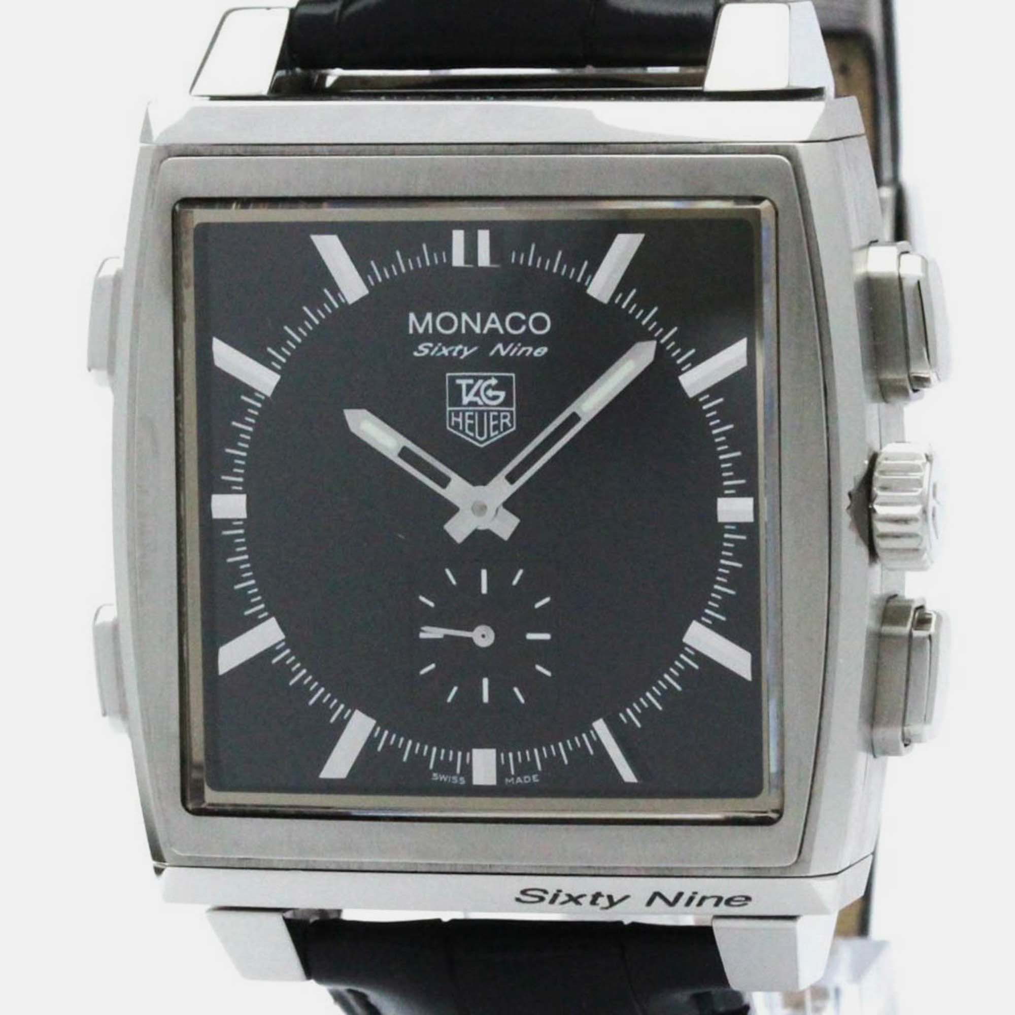 Tag heuer black stainless steel monaco cw9110 manual winding men's wristwatch 40 mm