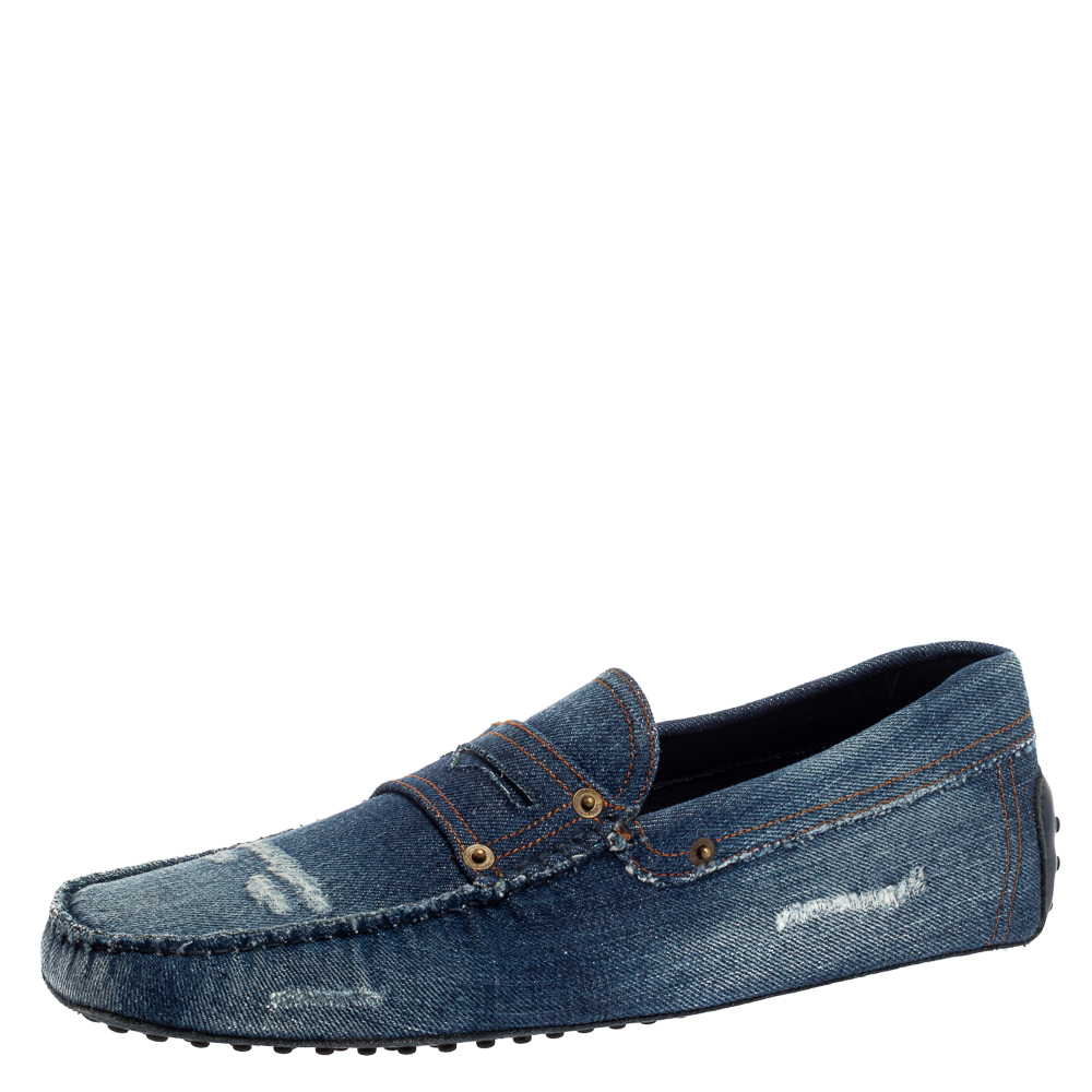 Tod's Blue Denim Fabric Gommino Penny Slip On Loafers Size 43