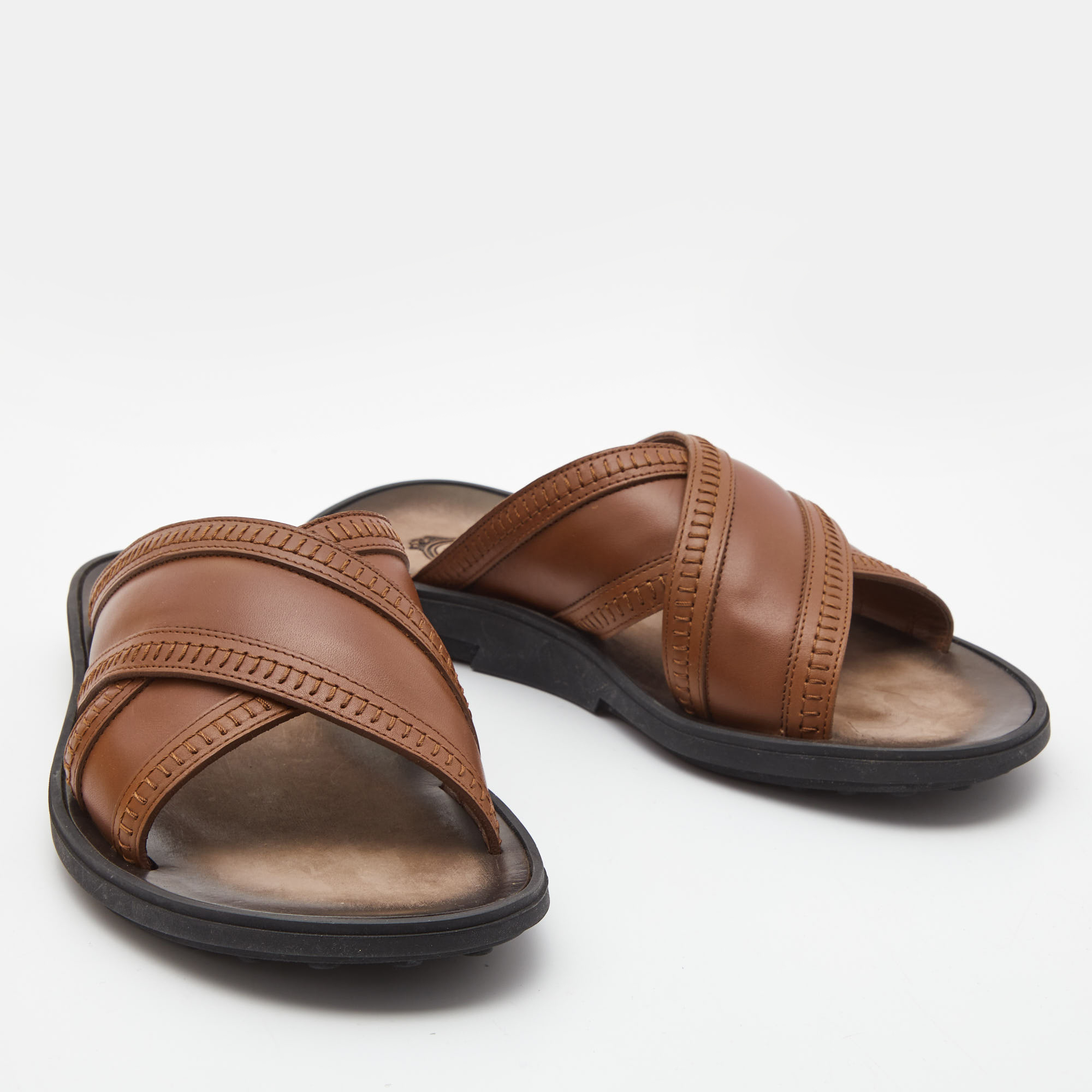Tod's Brown Leather Cross Strap Flat Sandals Size 40