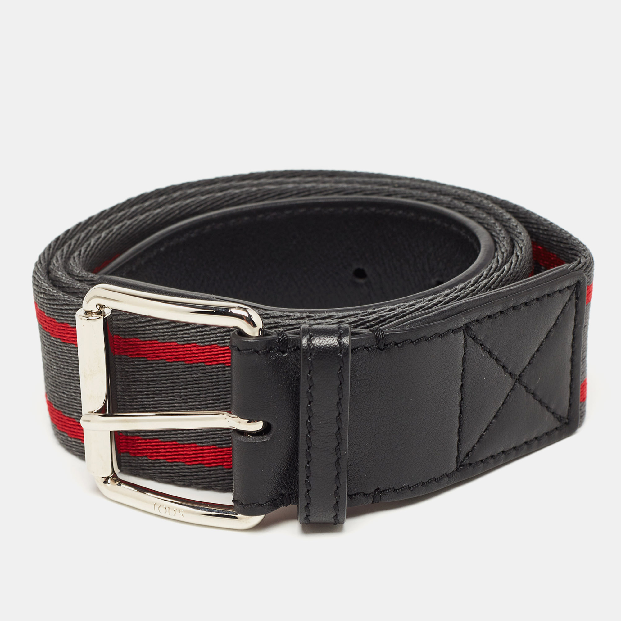 Tod's Dark Grey/Red Fabric And Leather Belt 105CM