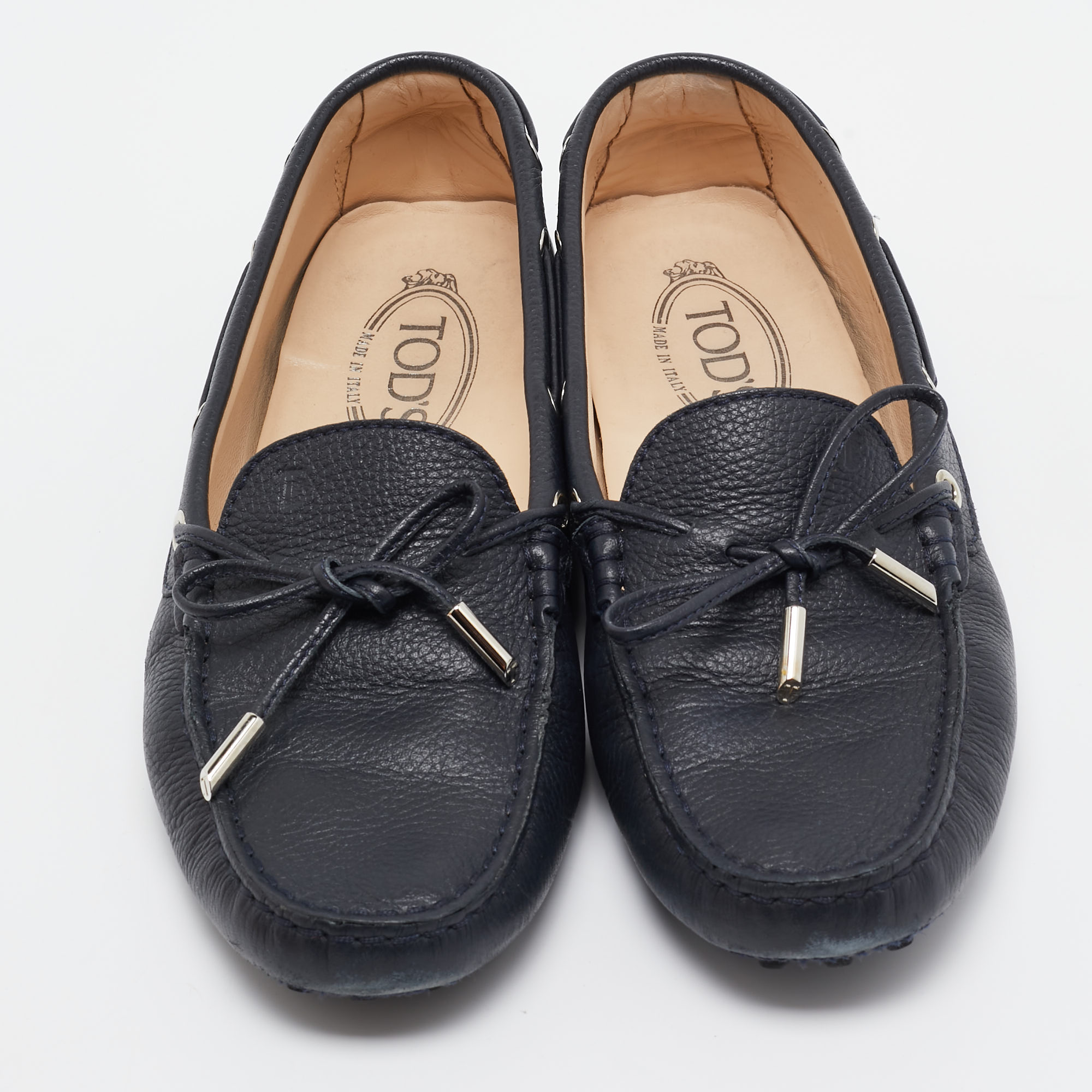 Tod's Navy Blue Leather Bow Slip On Loafers Size 40