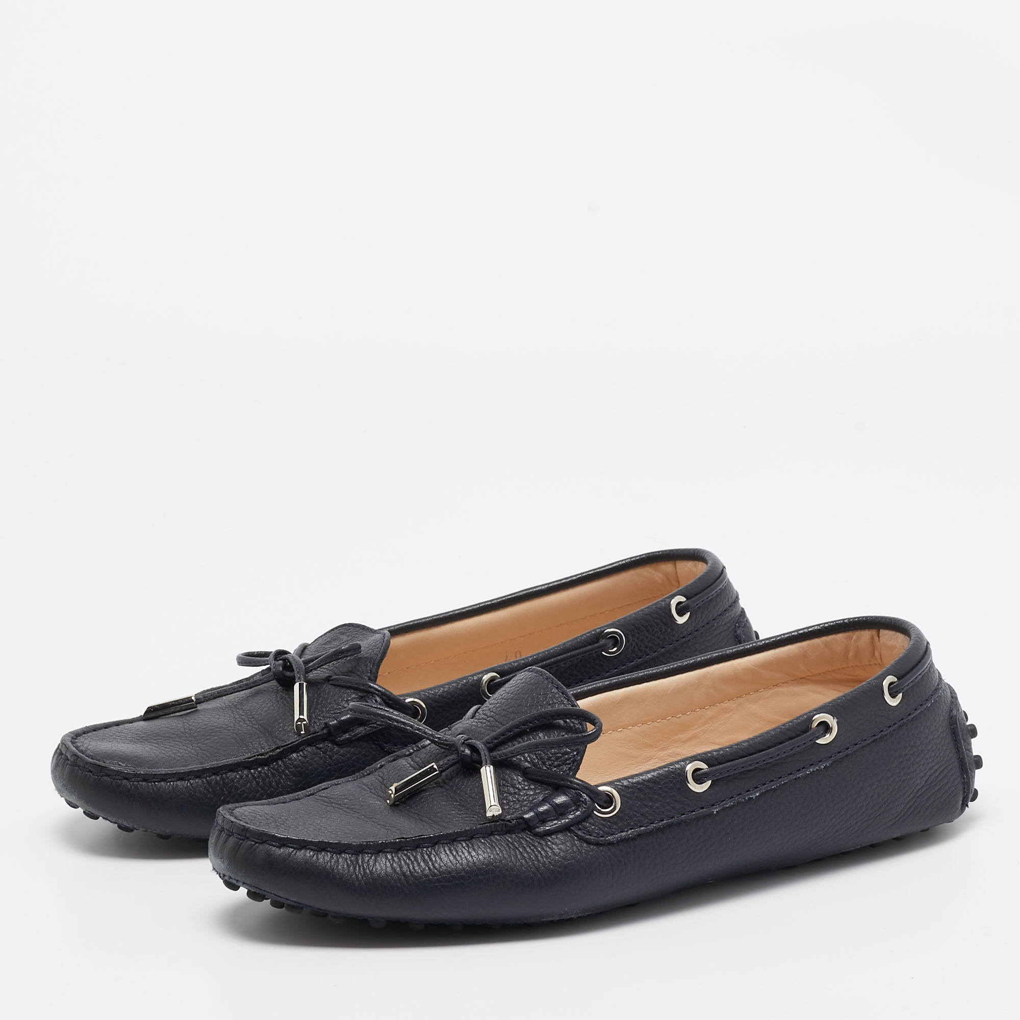 Tod's Navy Blue Leather Bow Slip On Loafers Size 40