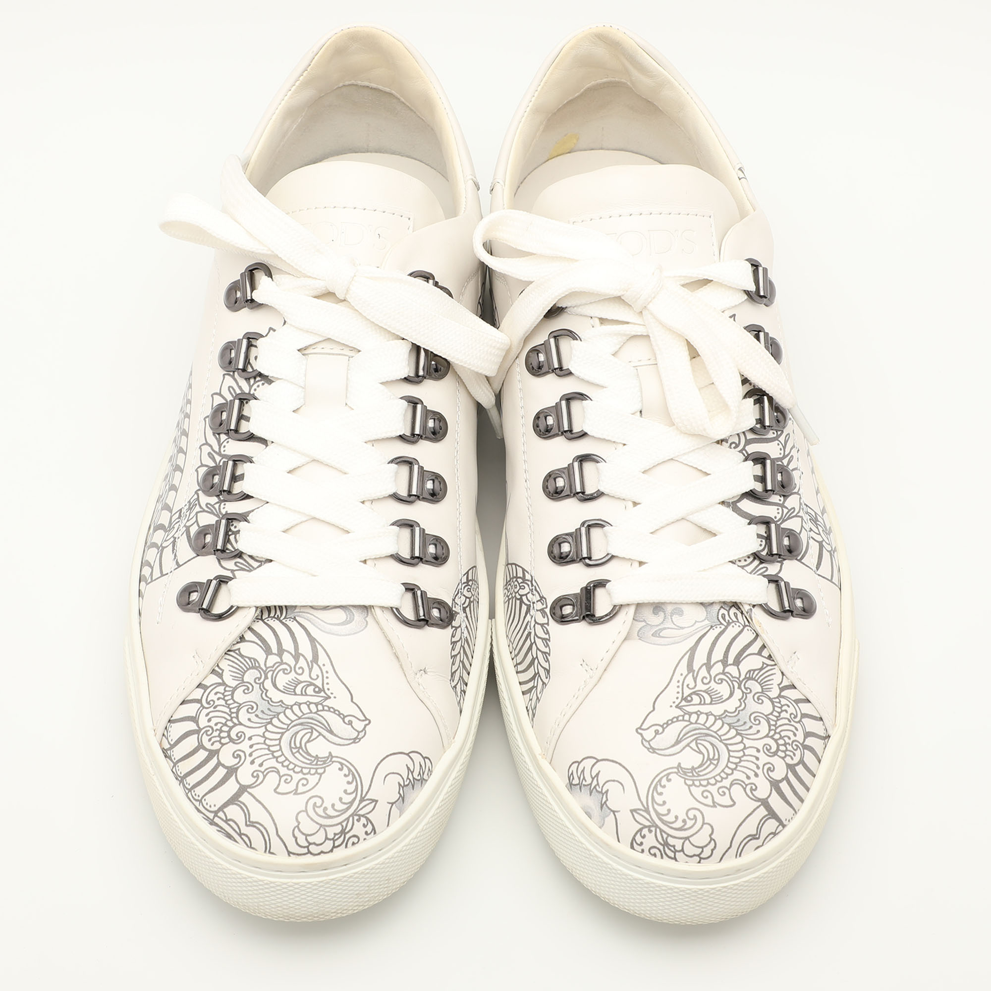 Tod's White/Black Printed Leather Low Top Sneakers Size 42