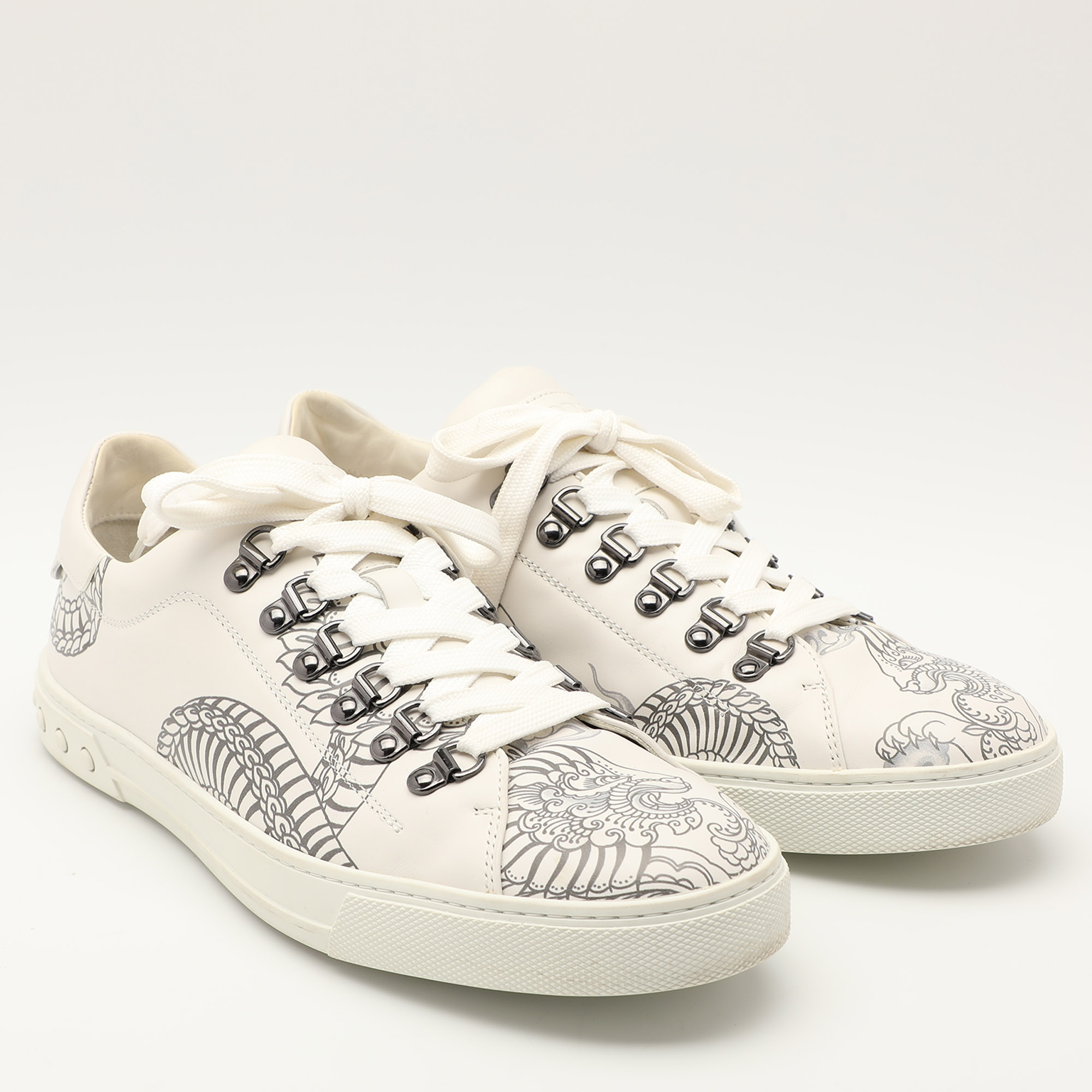 Tod's White/Black Printed Leather Low Top Sneakers Size 42