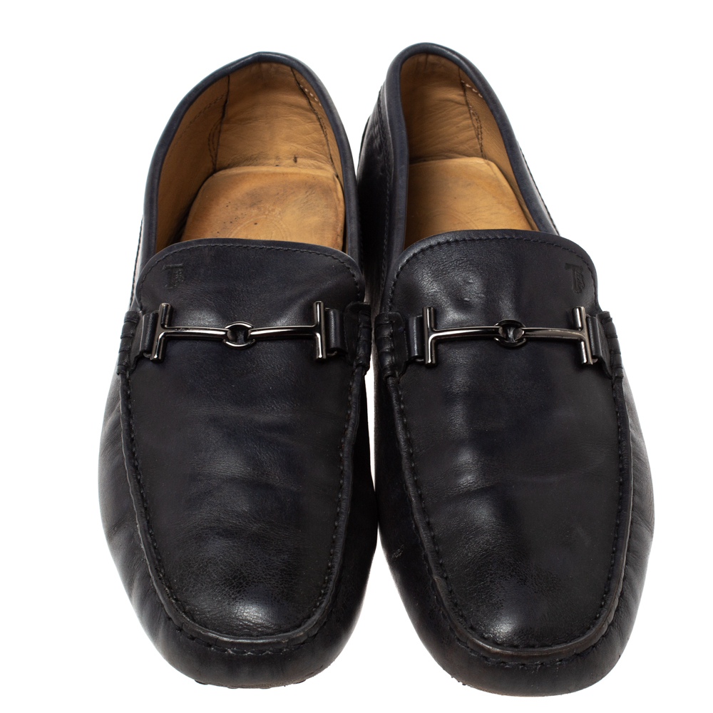 Tod's Navy Blue Leather Double T Bit Loafers Size 45