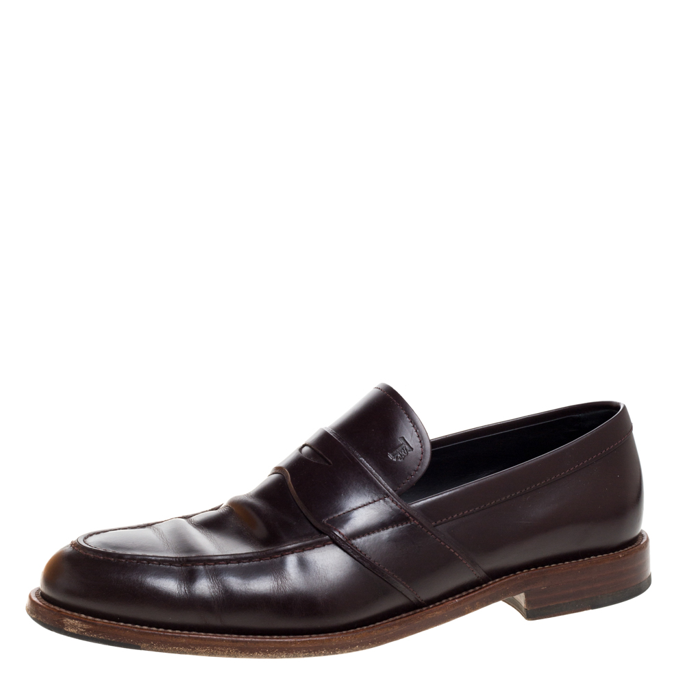 Image of Tod's Dark Brown Leather Penny Slip On Loafers Size .
