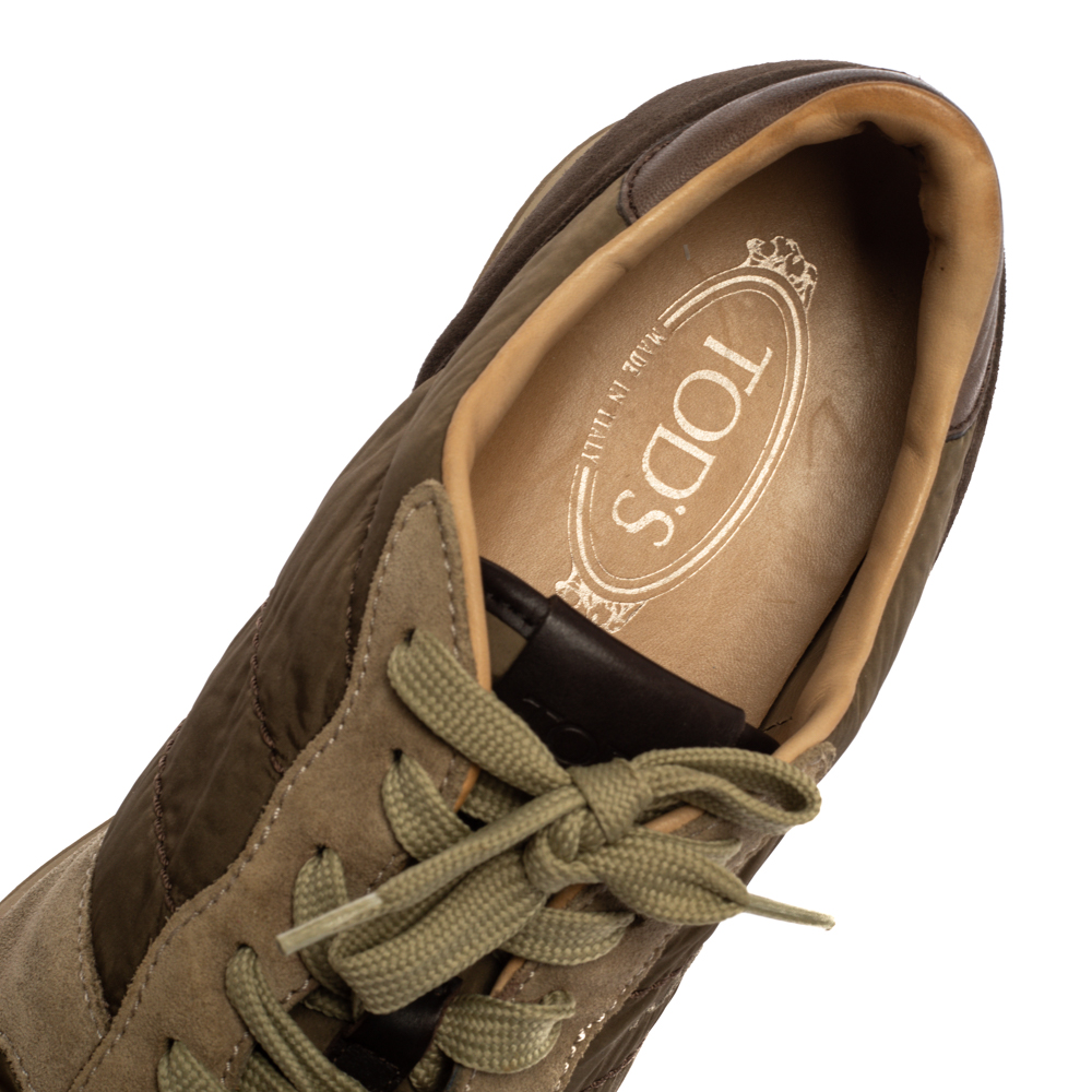 Tod's Brown/Green Nylon, Leather And Suede Low Top Sneakers Size 44
