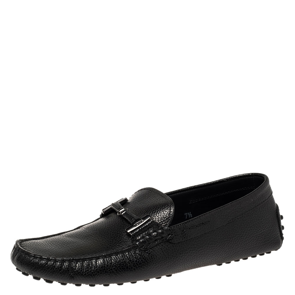 Image of Tod's Black Leather Double T Slip On Loafers Size .
