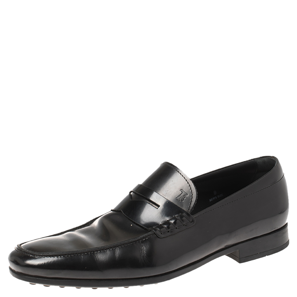 Image of Tod's Black Leather Penny Slip On Loafers Size