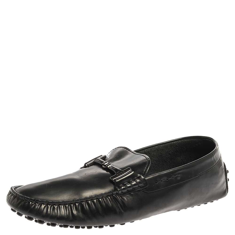 Tod's Black Leather Double T Slip On Loafers Size 44