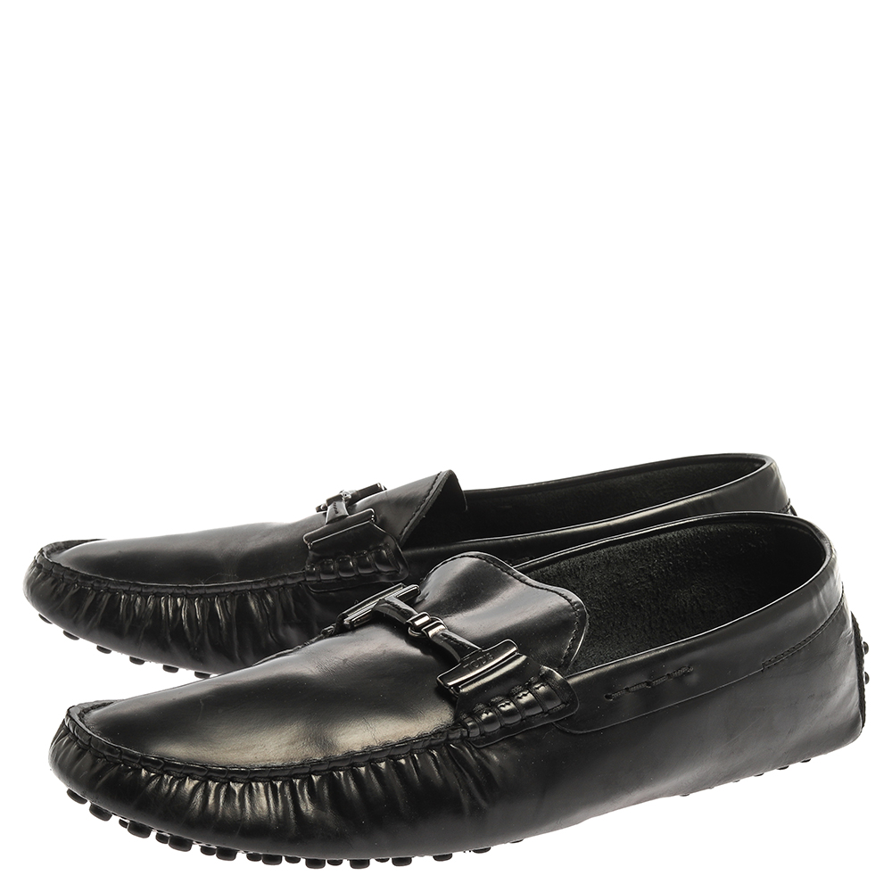 Tod's Black Leather Double T Slip On Loafers Size 44