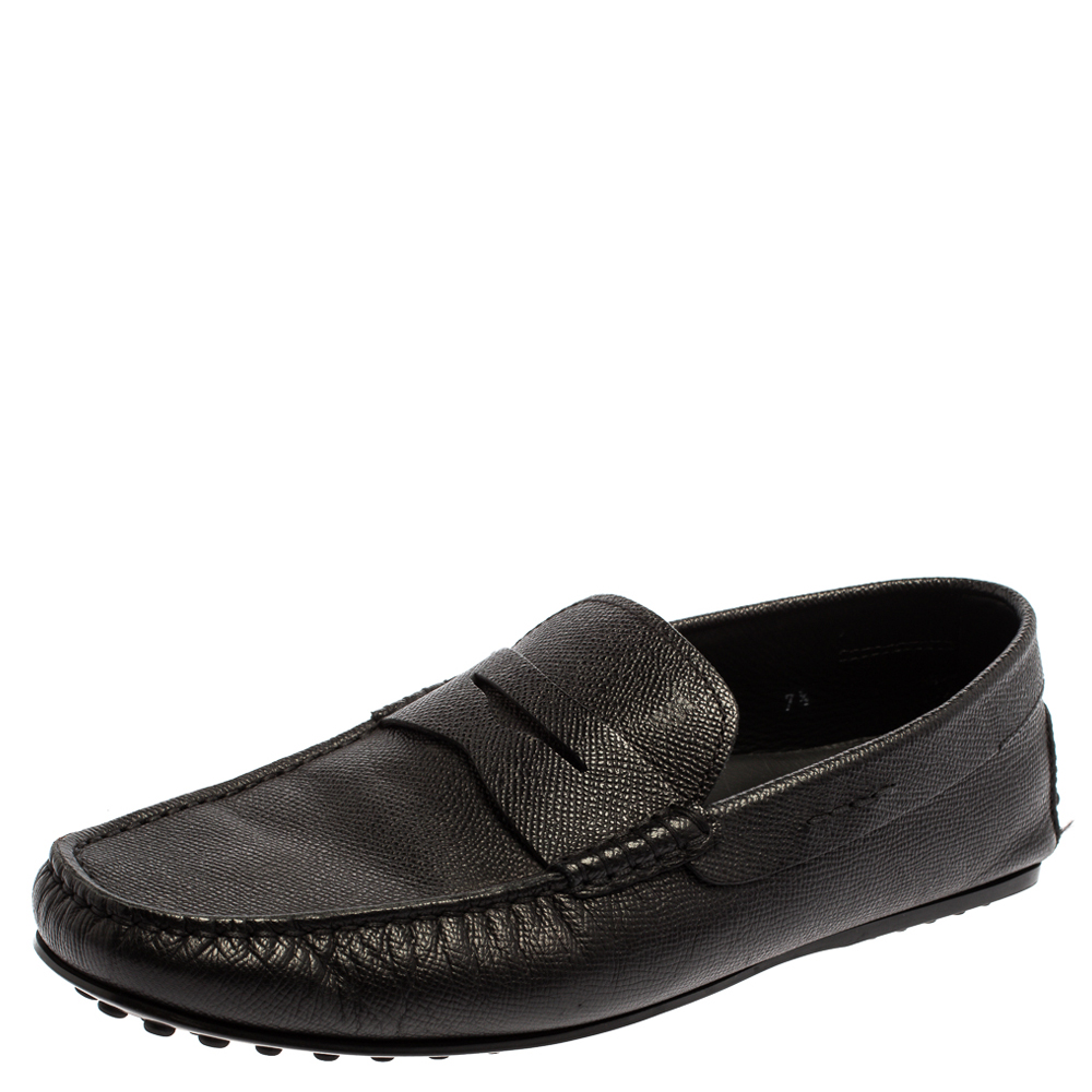 Image of Tod's Black Grained Leather Penny Loafers Size .