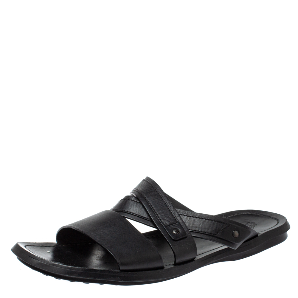 Image of Tod's Black Leather Slide Sandals Size
