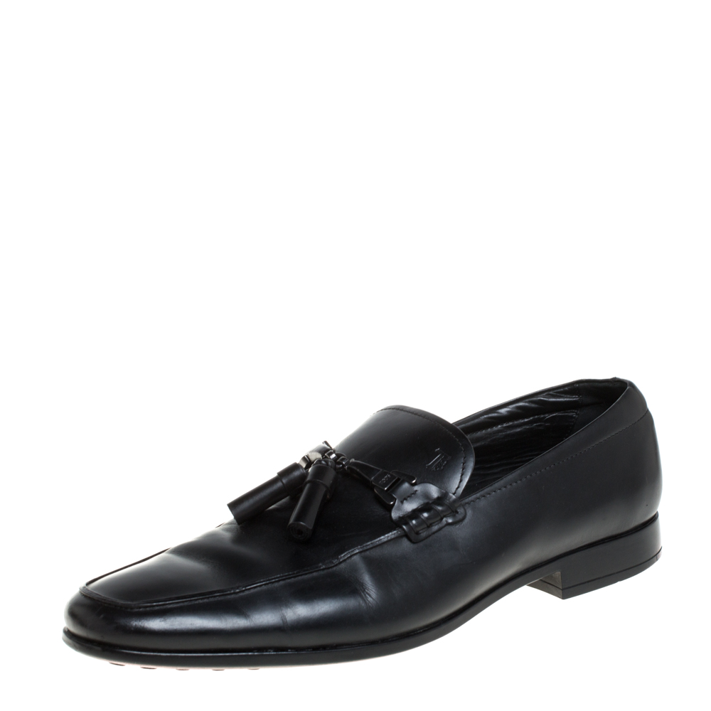 Tods Black Leather Tassel Loafers Size 42