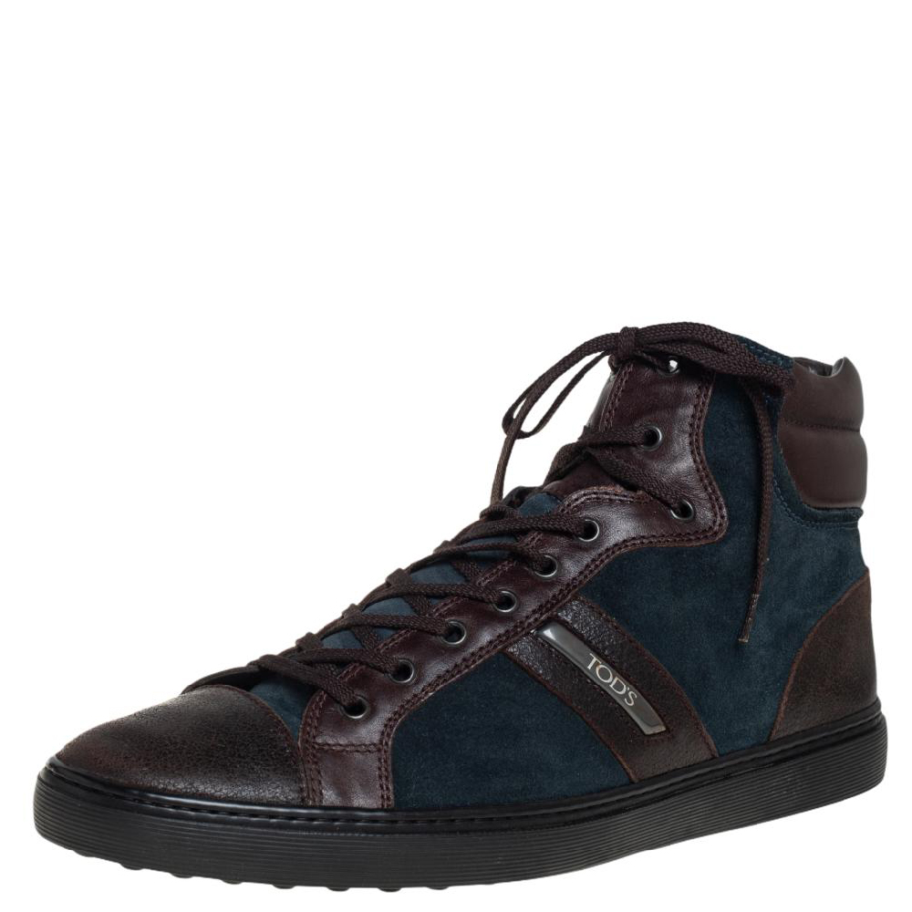 Tods Blue/Brown Suede And Leather High Top Sneakers Size 44.5