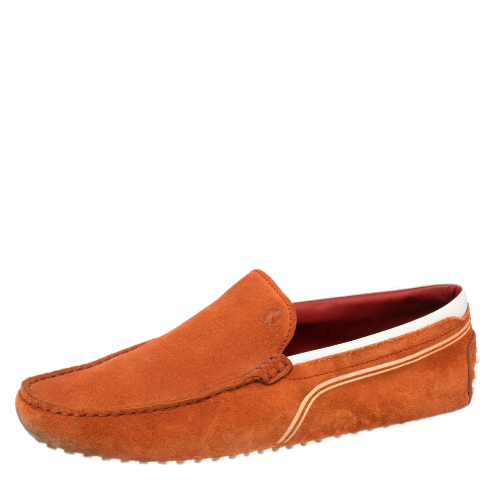 Tod's for Ferrari Orange Suede and White Leather Loafers Size 43