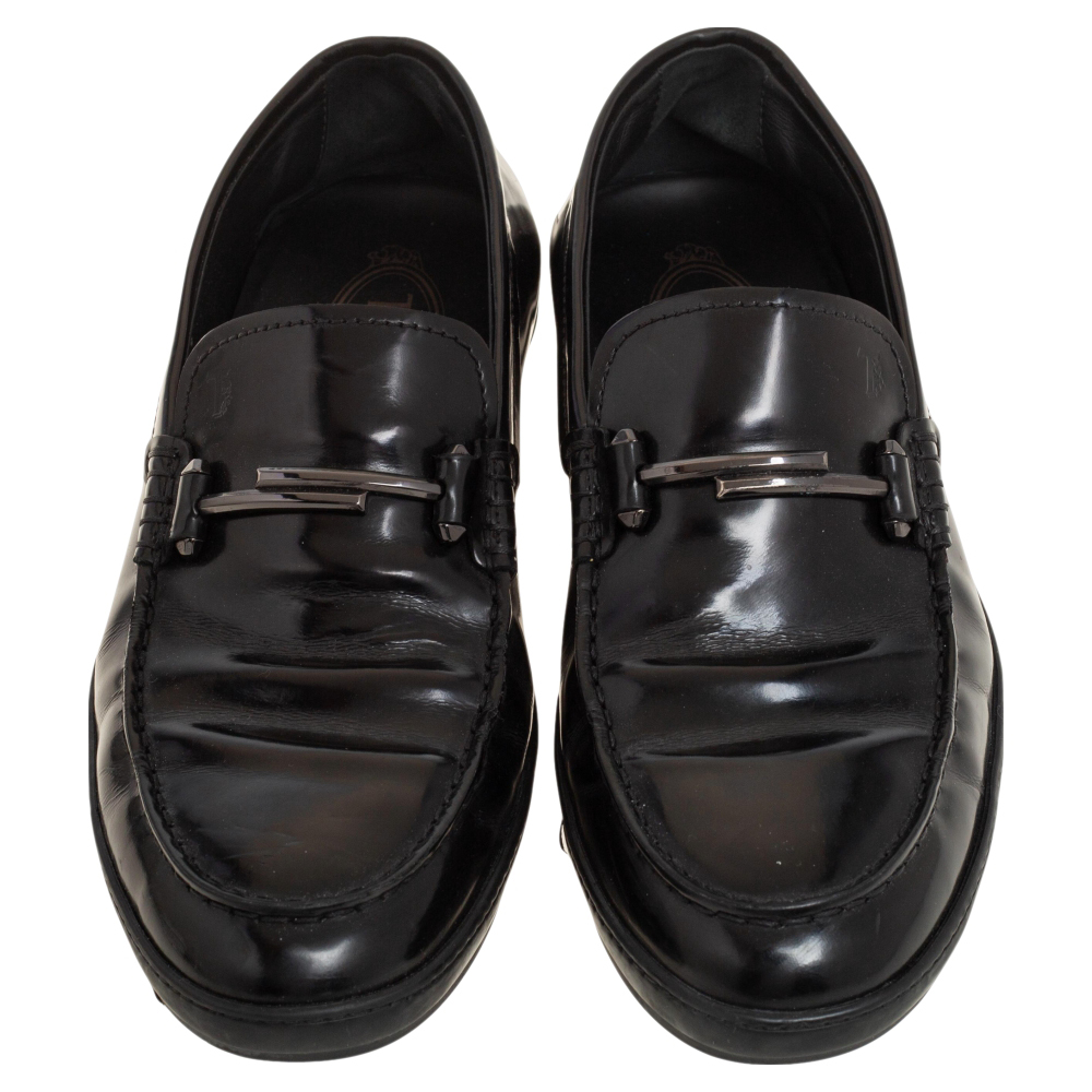 Tods Black  Leather Double T Slip On Loafers Size 39.5