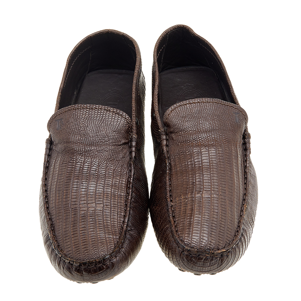 Tod's Brown Lizard Embossed Leather Slip On Loafers Size 41
