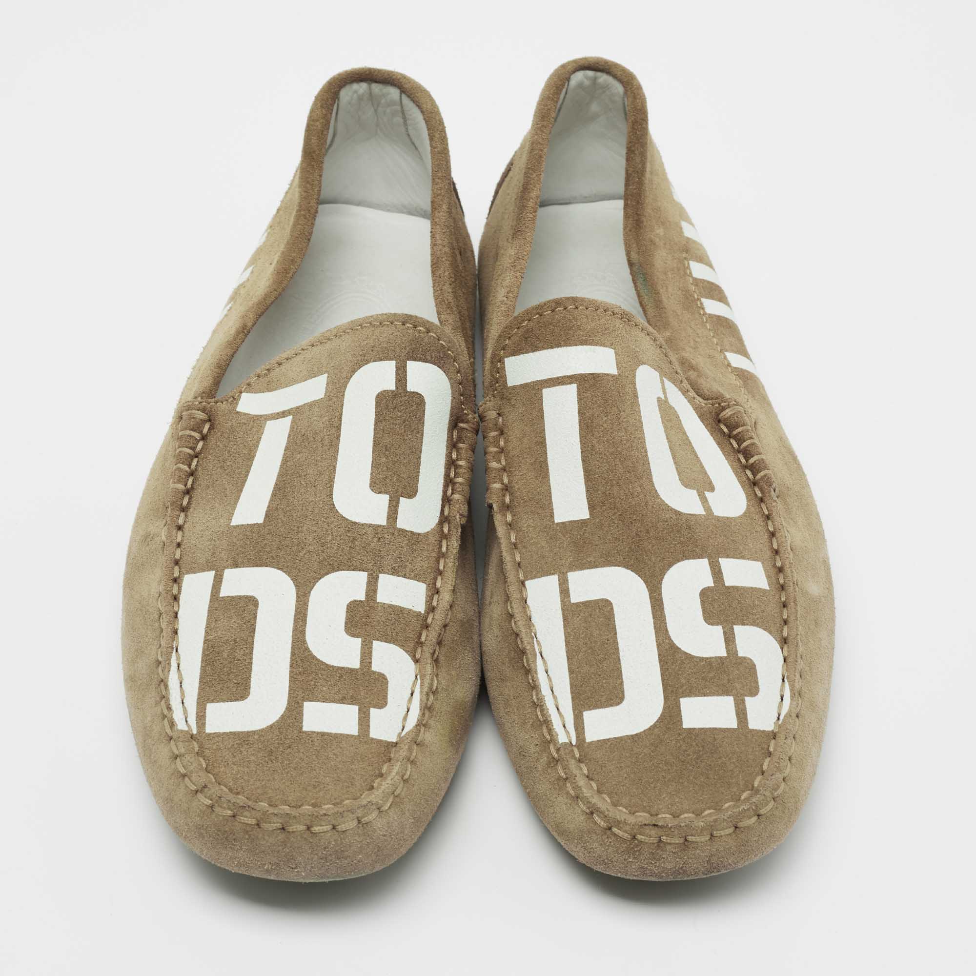Tod's Brown Suede Logo Print Slip On Loafers Size 39.5