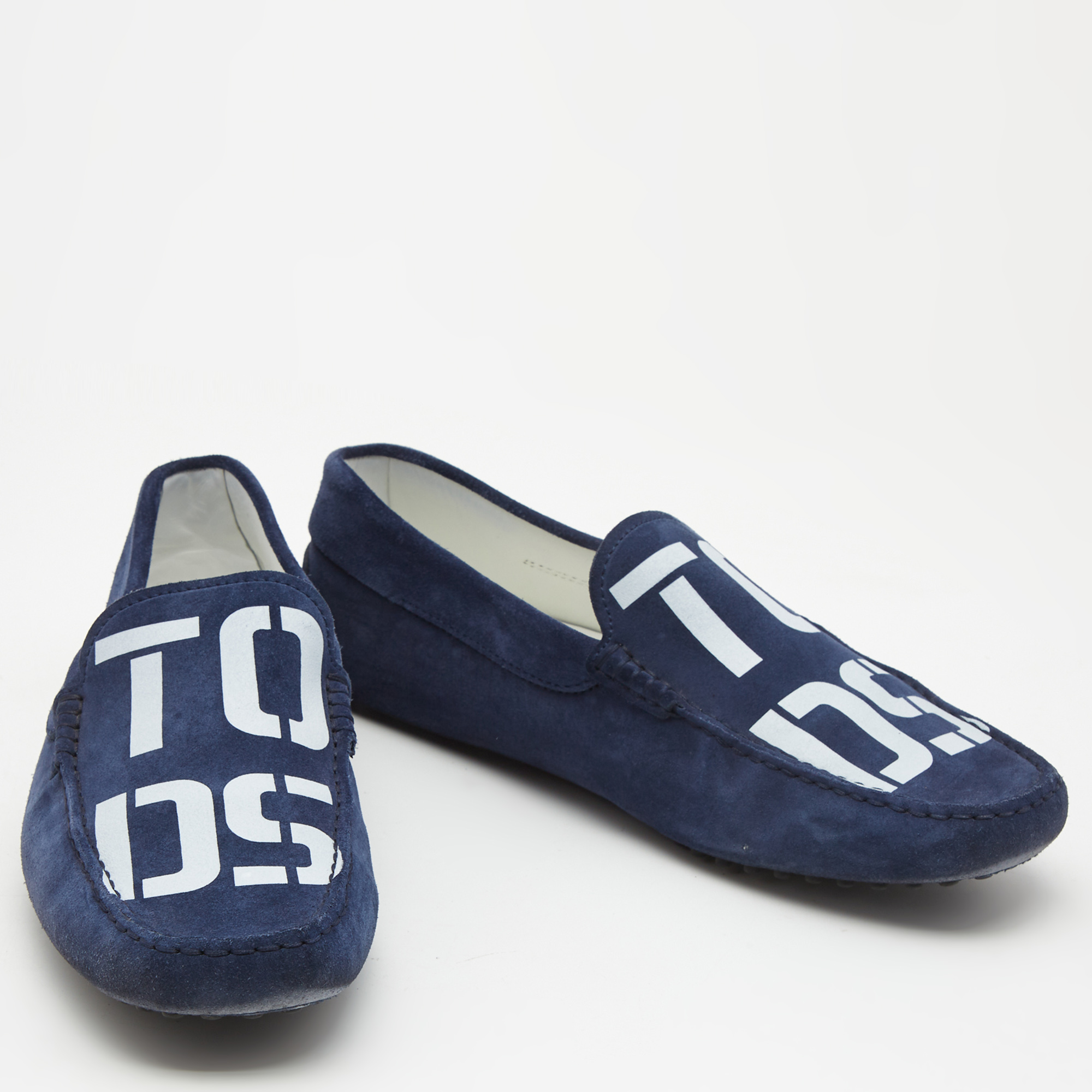 Tod's Navy Blue Logo Print Suede Slip On Loafers Size 42.5