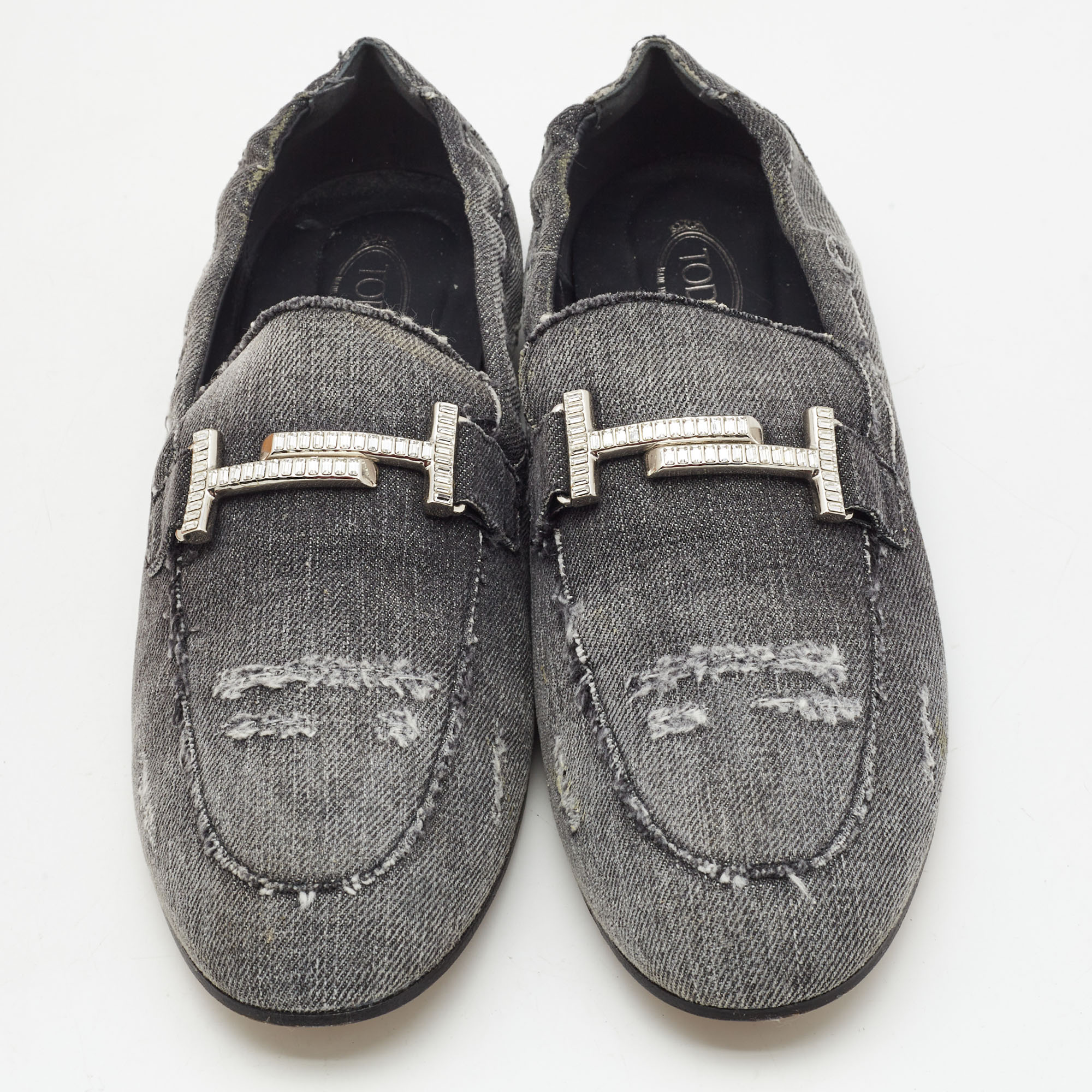 Tod's Dark Grey Denim Double T Crystal Embellished Loafers Size 41