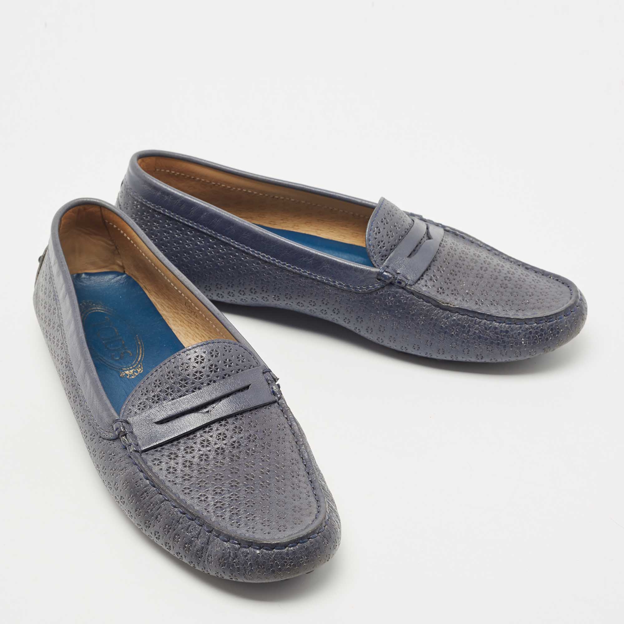 Tod's Blue Textured Leather Penny Slip On Loafers Size 40.5