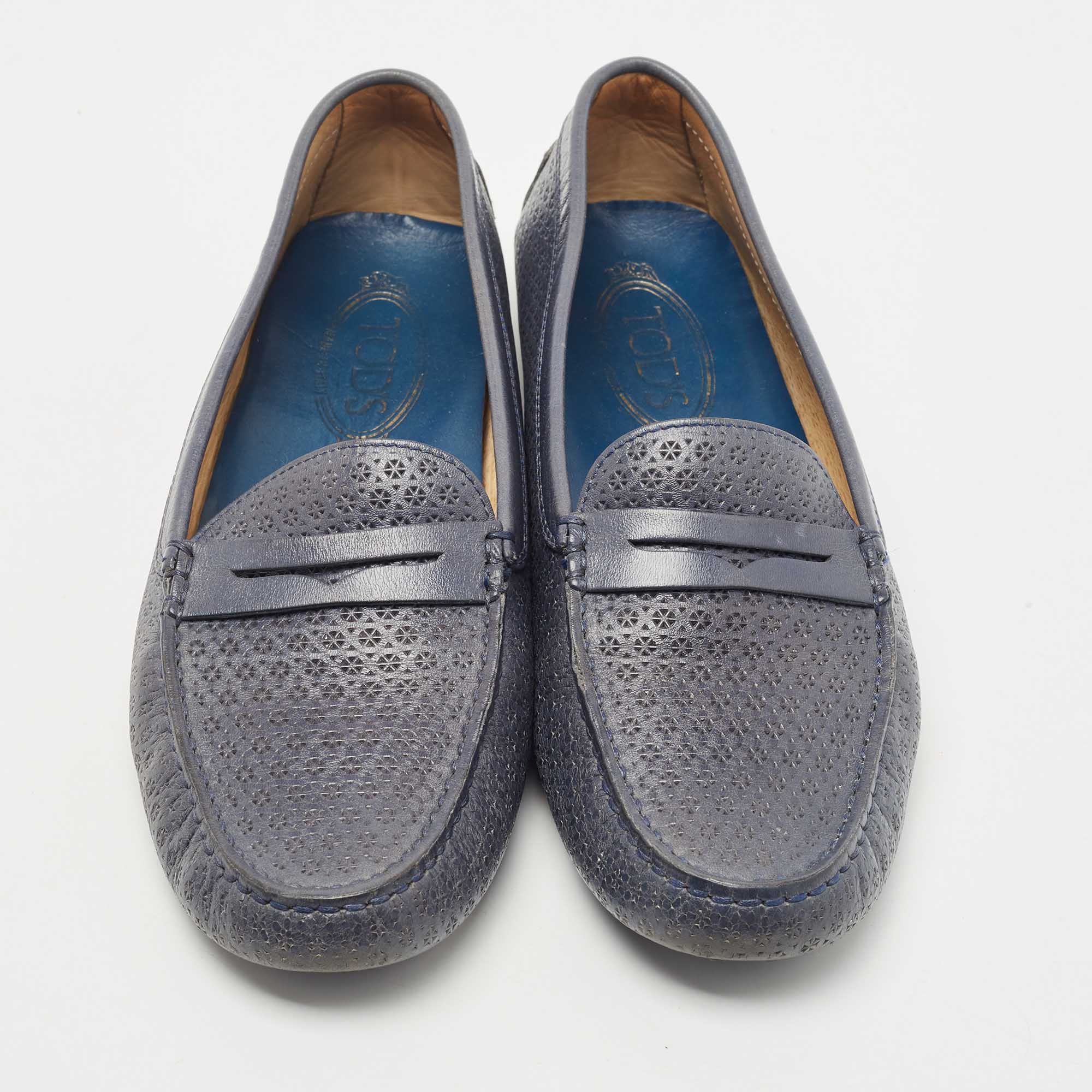 Tod's Blue Textured Leather Penny Slip On Loafers Size 40.5