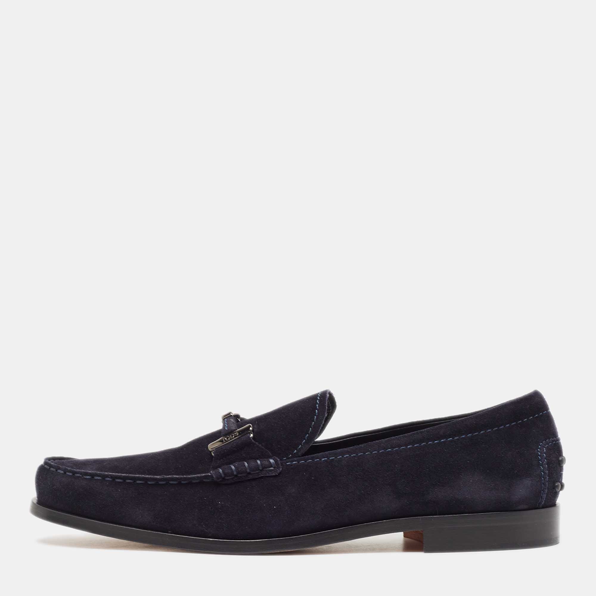 Tod's Navy Blue Suede Bit Slip On Loafers Size 44.5