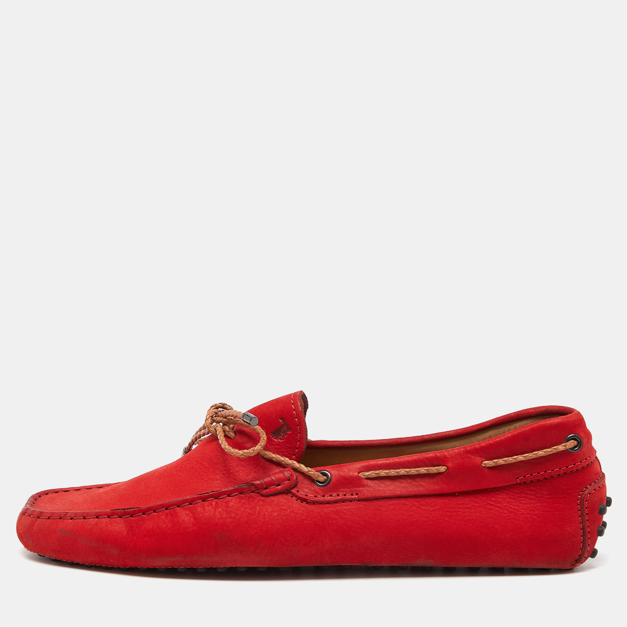 Tod's Red Nubuck Leather Bow Slip On Loafers Size 43