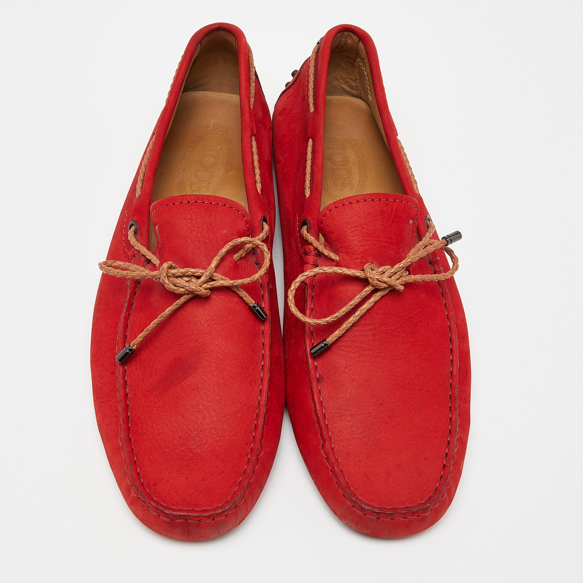 Tod's Red Nubuck Leather Bow Slip On Loafers Size 43