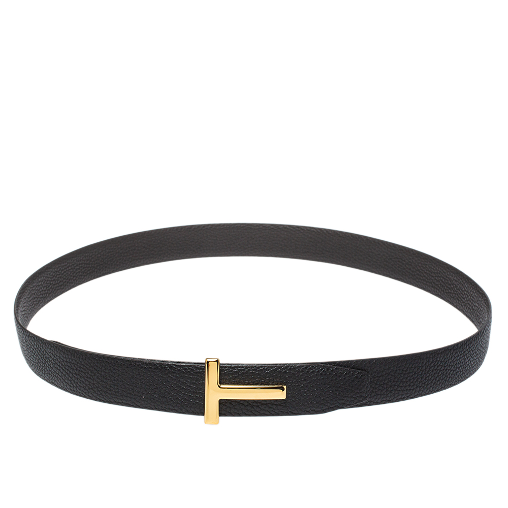 Tom Ford Black/Chocolate Brown Grained Leather T Icon Reversible Belt 105CM
