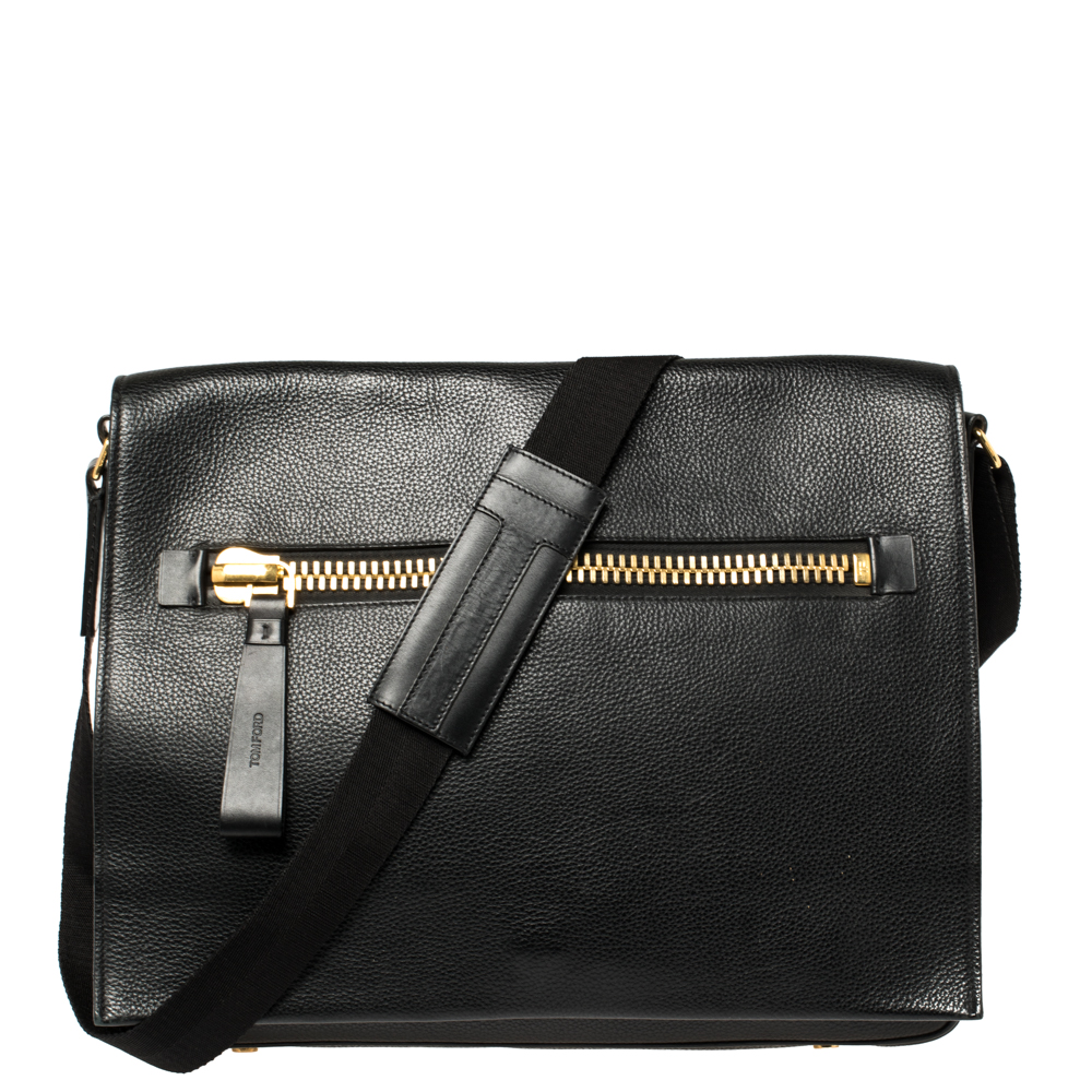 Tom Ford Black Grained Leather Buckley Flap Messenger Bag male