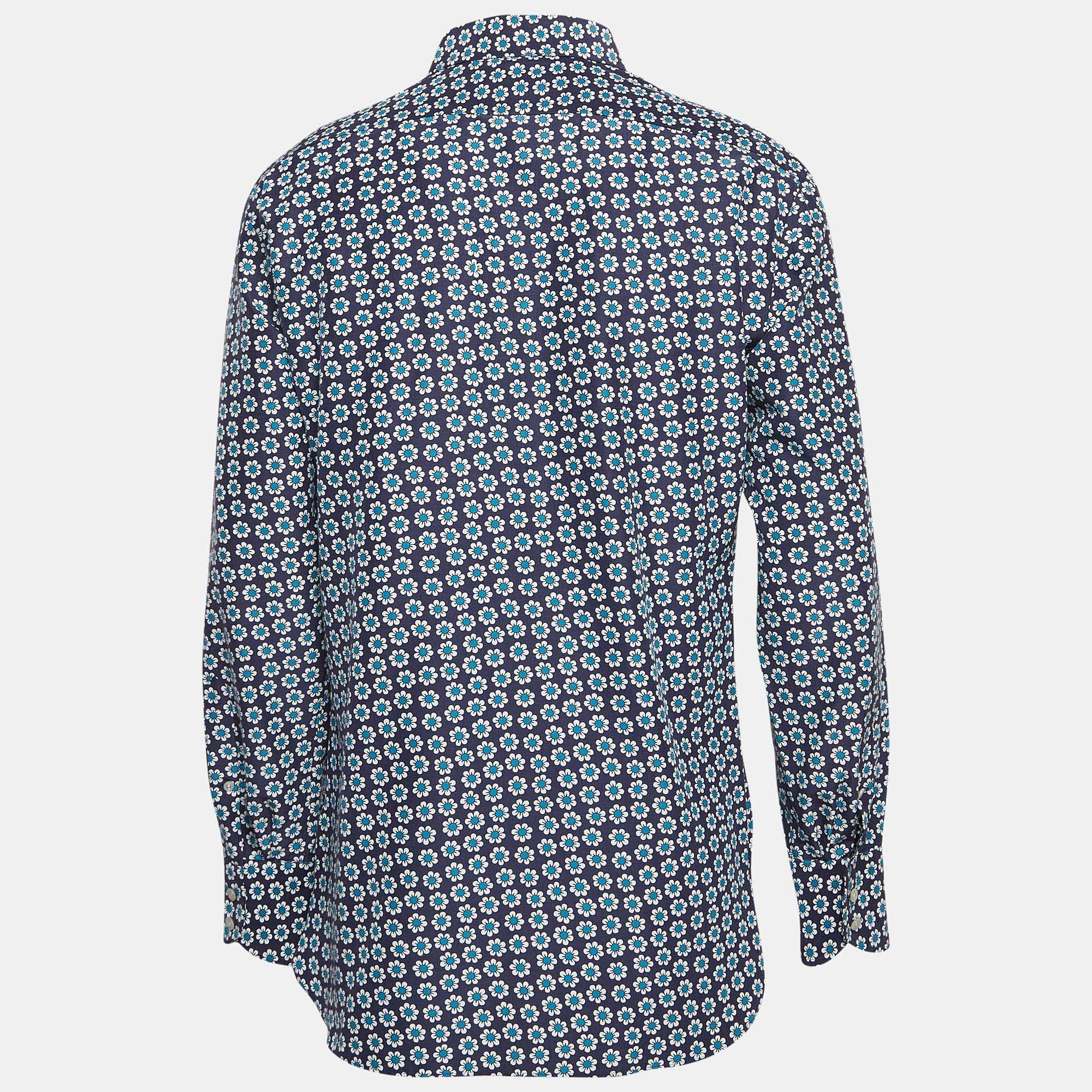 Tom Ford Blue Floral Print Poplin Shirt L