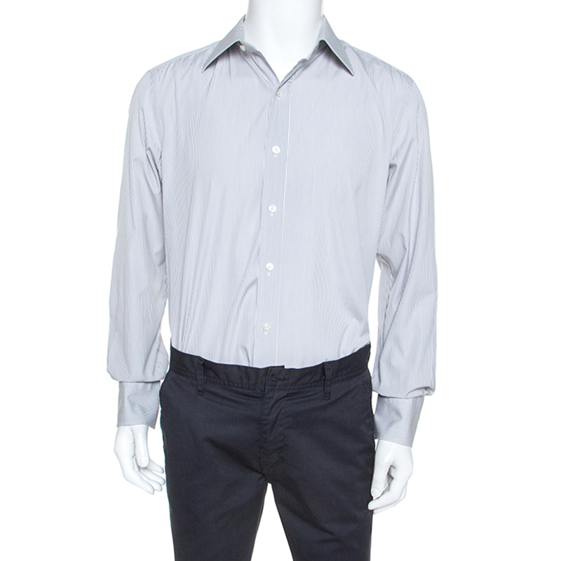 Tom Ford White & Grey Striped Cotton Button Front Shirt XXL