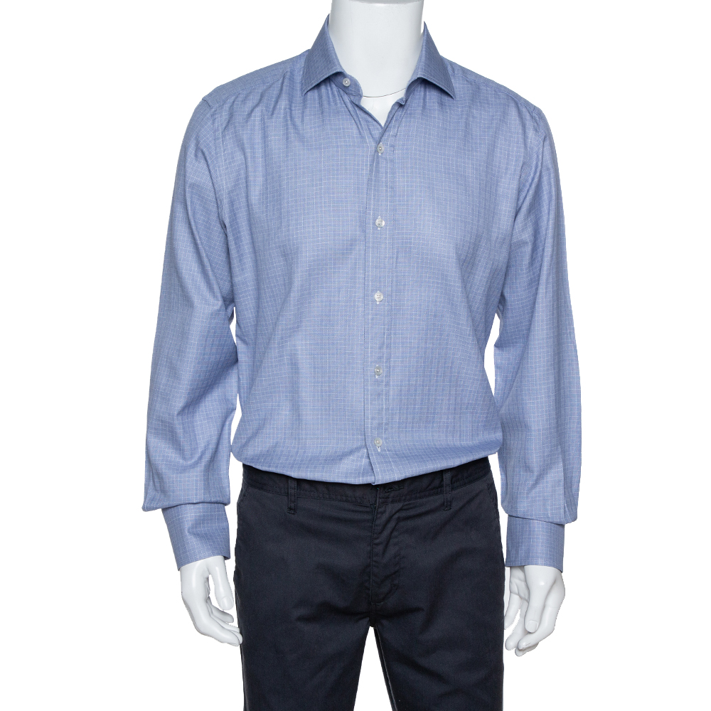 Image of Tom Ford Blue Check Patterned Cotton Long Sleeve Shirt XXL
