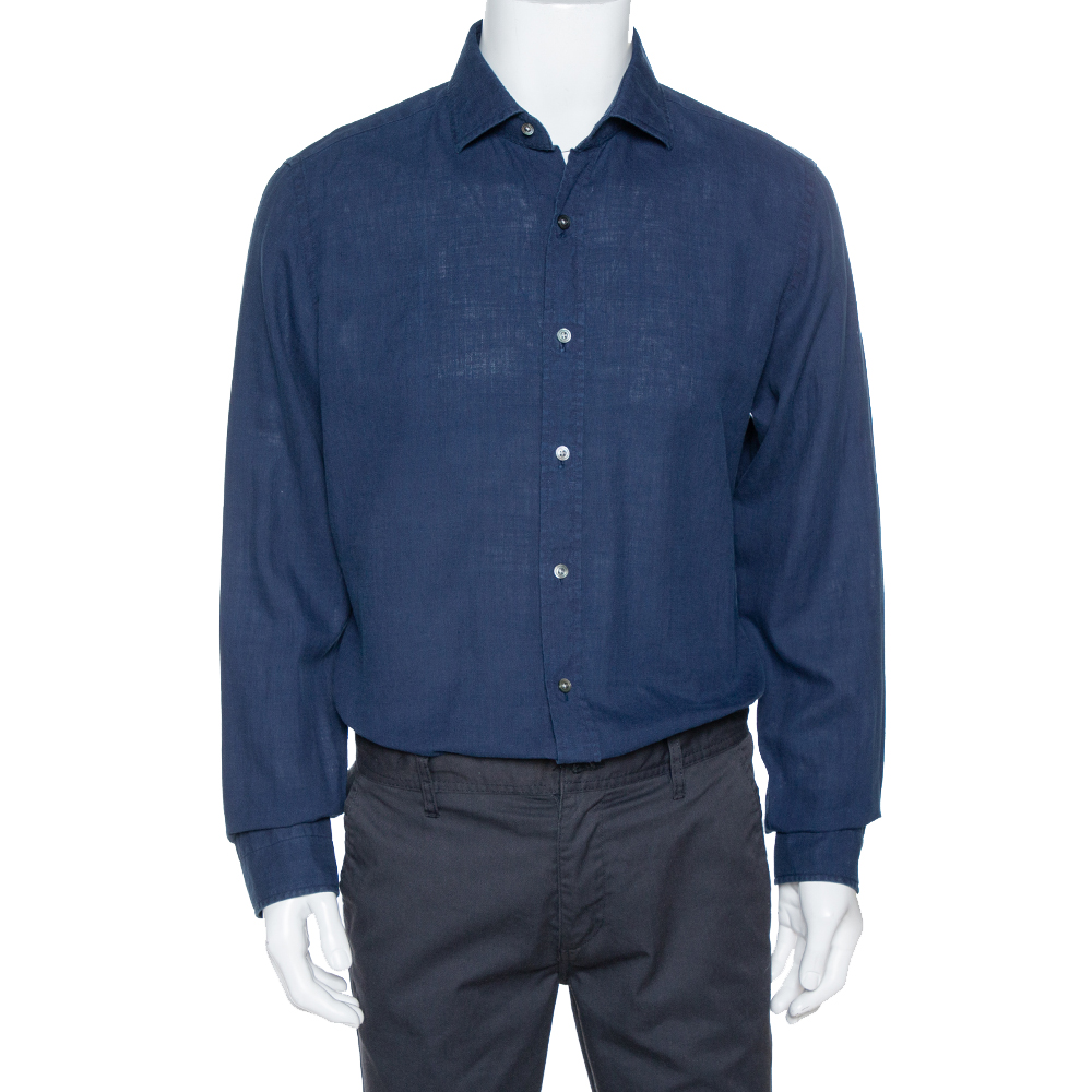 Image of Tom Ford Navy Blue Linen & Cotton Long Sleeve Shirt XXL