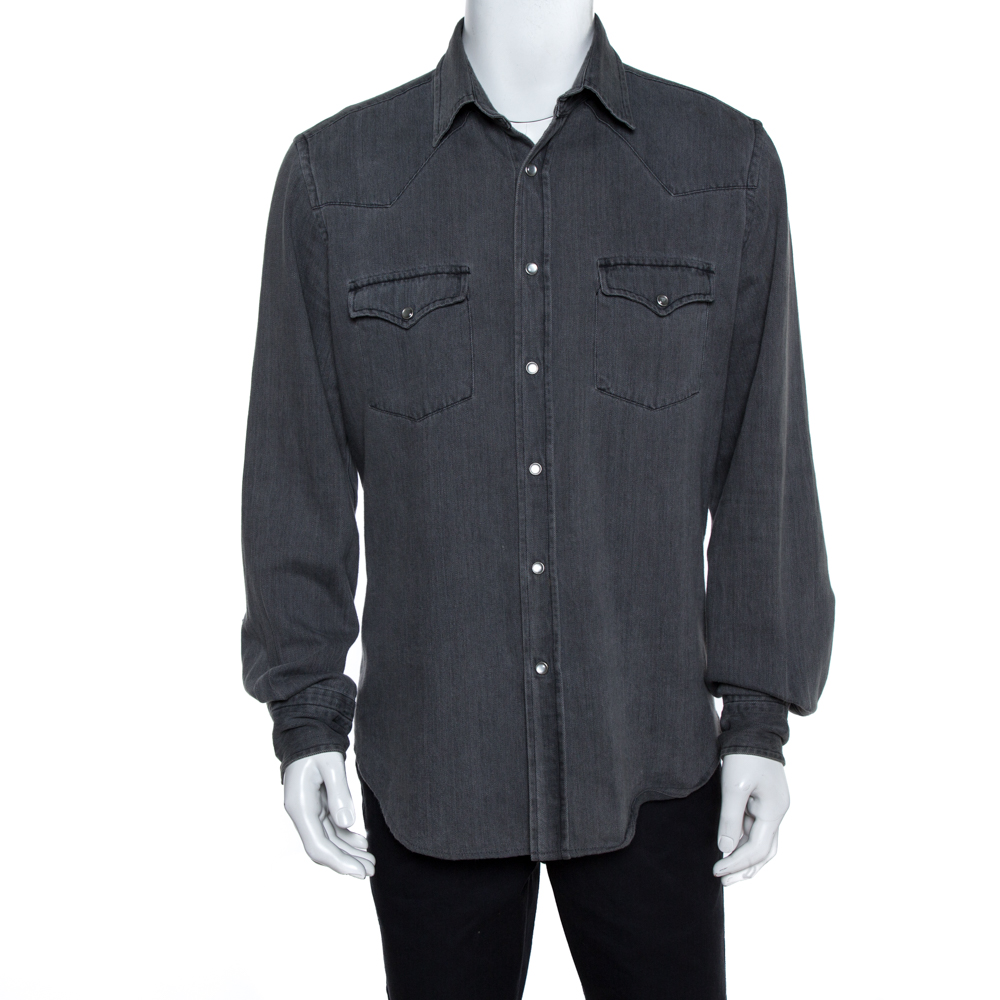 Tom Ford Grey Denim Button Front Long Sleeve Shirt XL