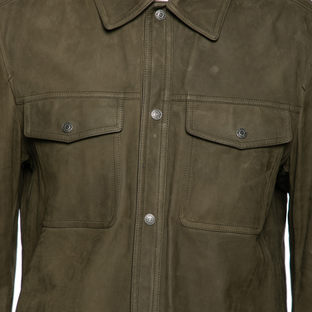 Tom Ford Olive Green Leather Button Front Jacket XL