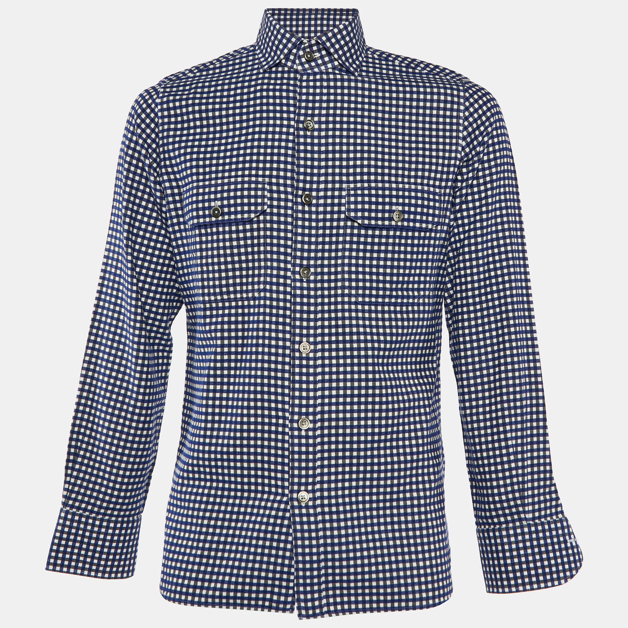 Tom ford navy blue checkered cotton button front shirt m