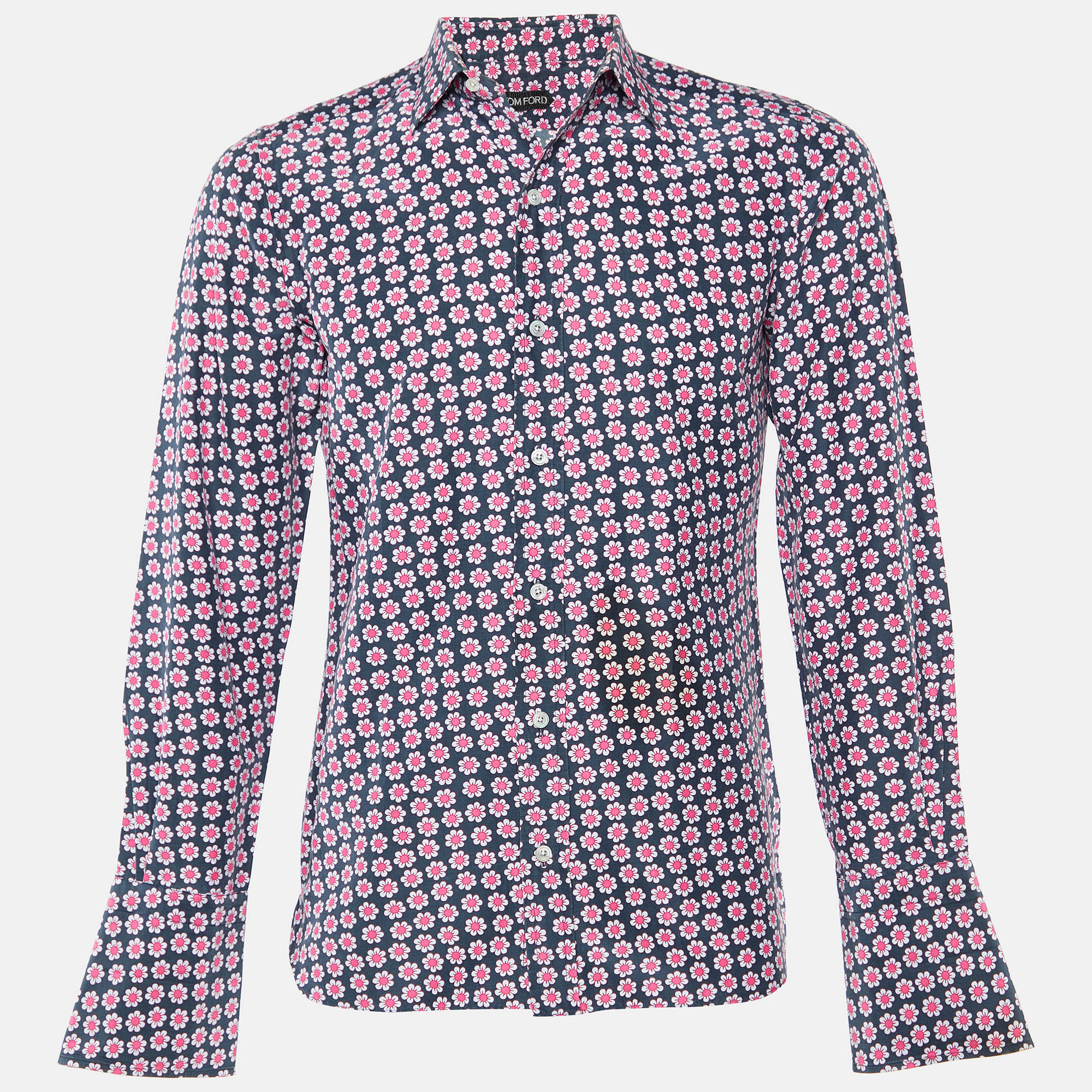 Tom Ford Black/Pink Floral Print Cotton & Silk Long Sleeve Shirt S