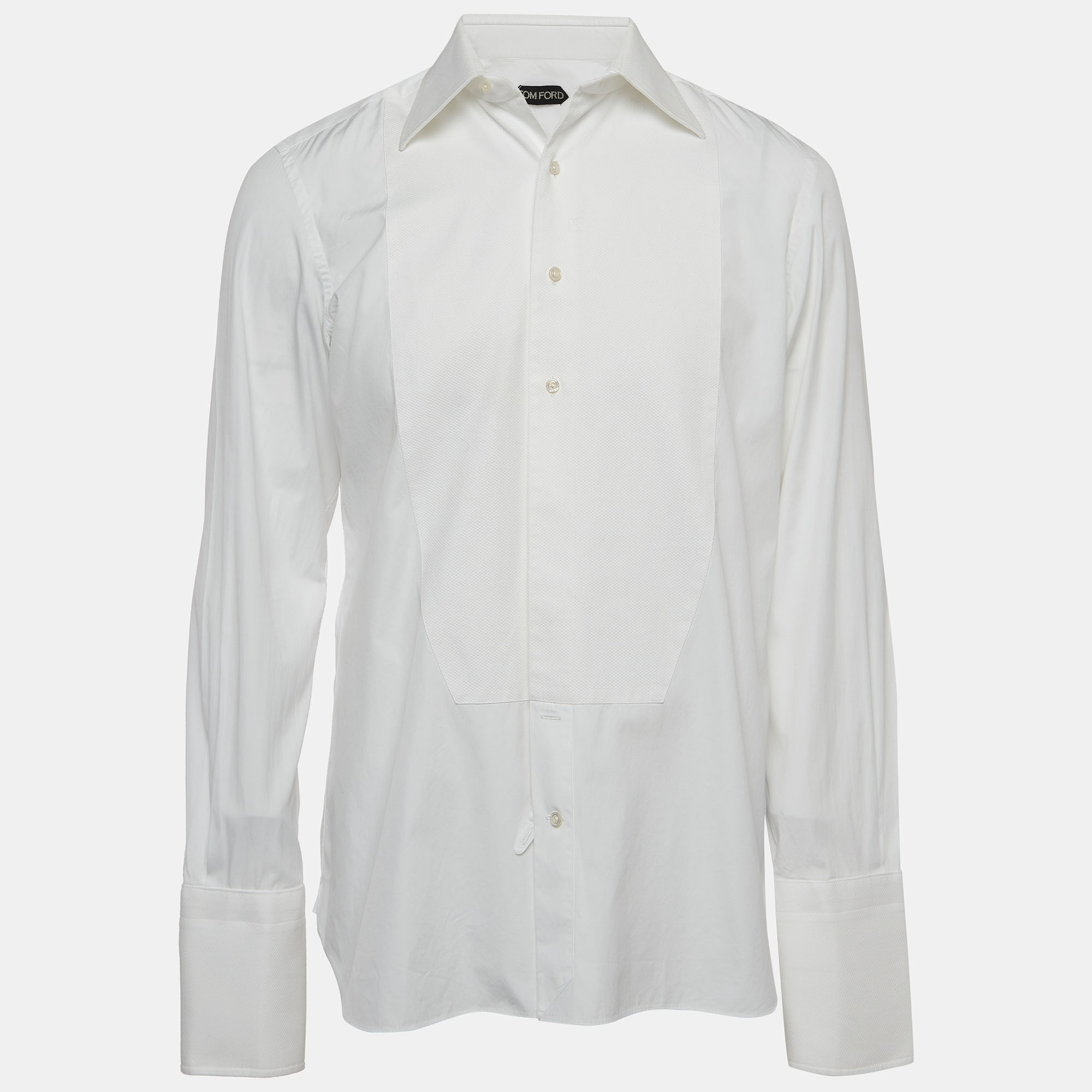 Tom Ford White Cotton Textured Paneled Long Sleeve Shirt M