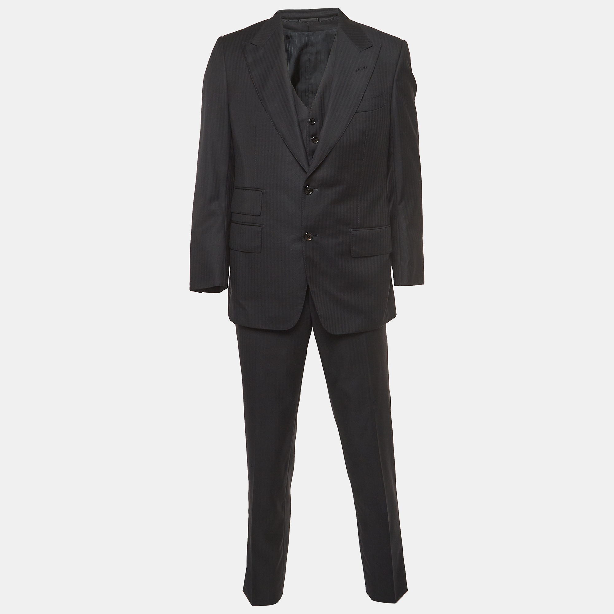 

Tom Ford Black Pinstripe Wool Single Breasted 3 Piece Suit
