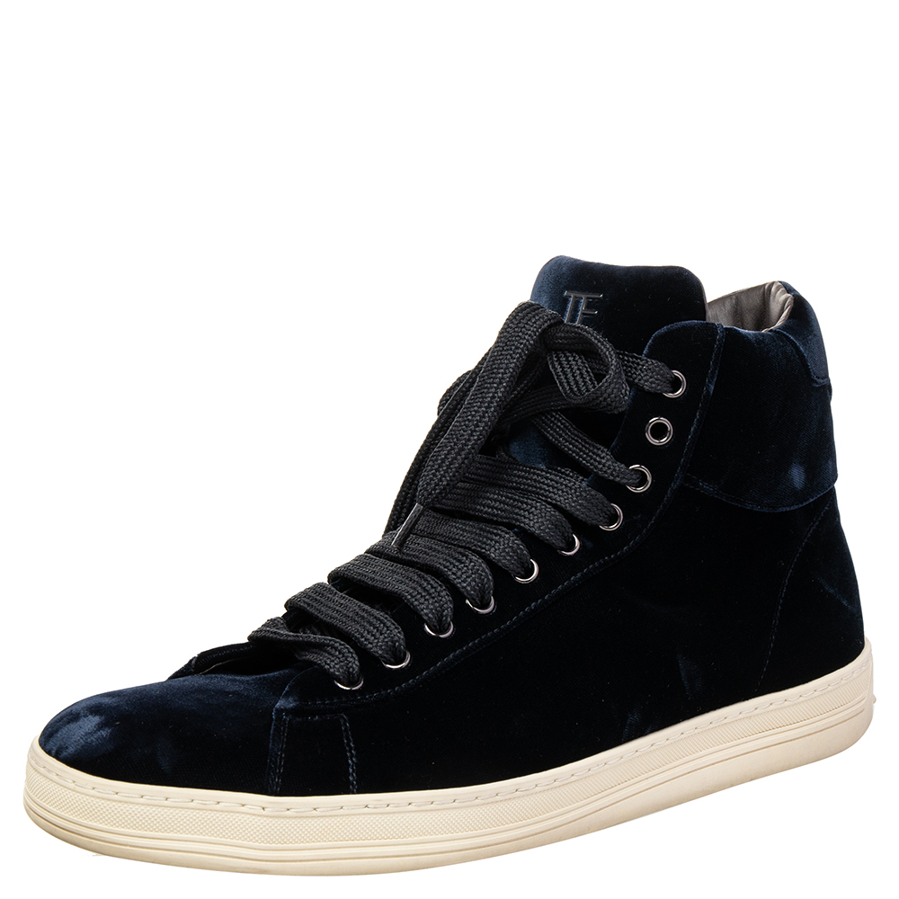 Tom Ford Navy Blue Velvet High Top Sneakers Size 44