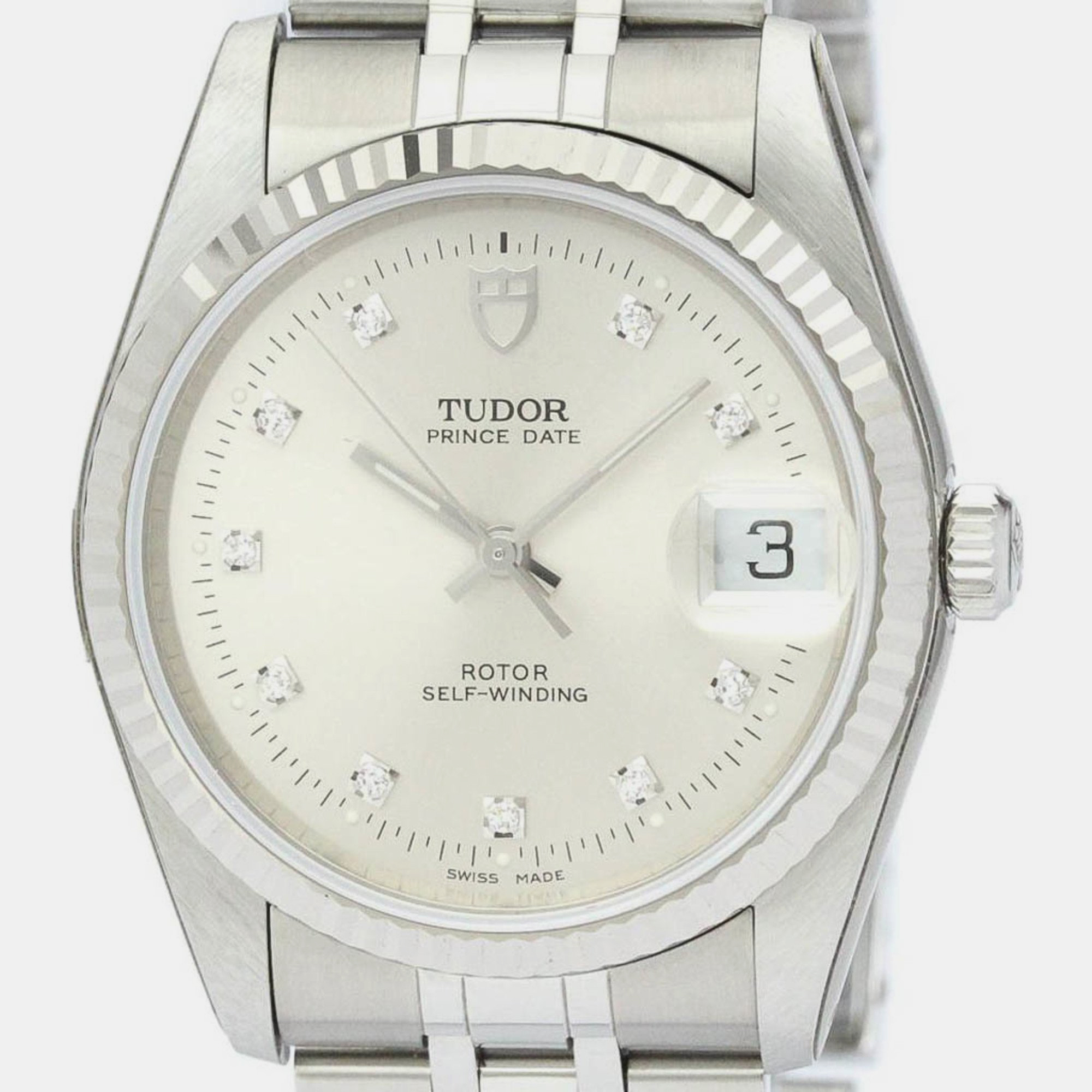 Tudor Silver Stainless Steel Prince Oysterdate 74034 Automatic Men's Wristwatch 34 Mm