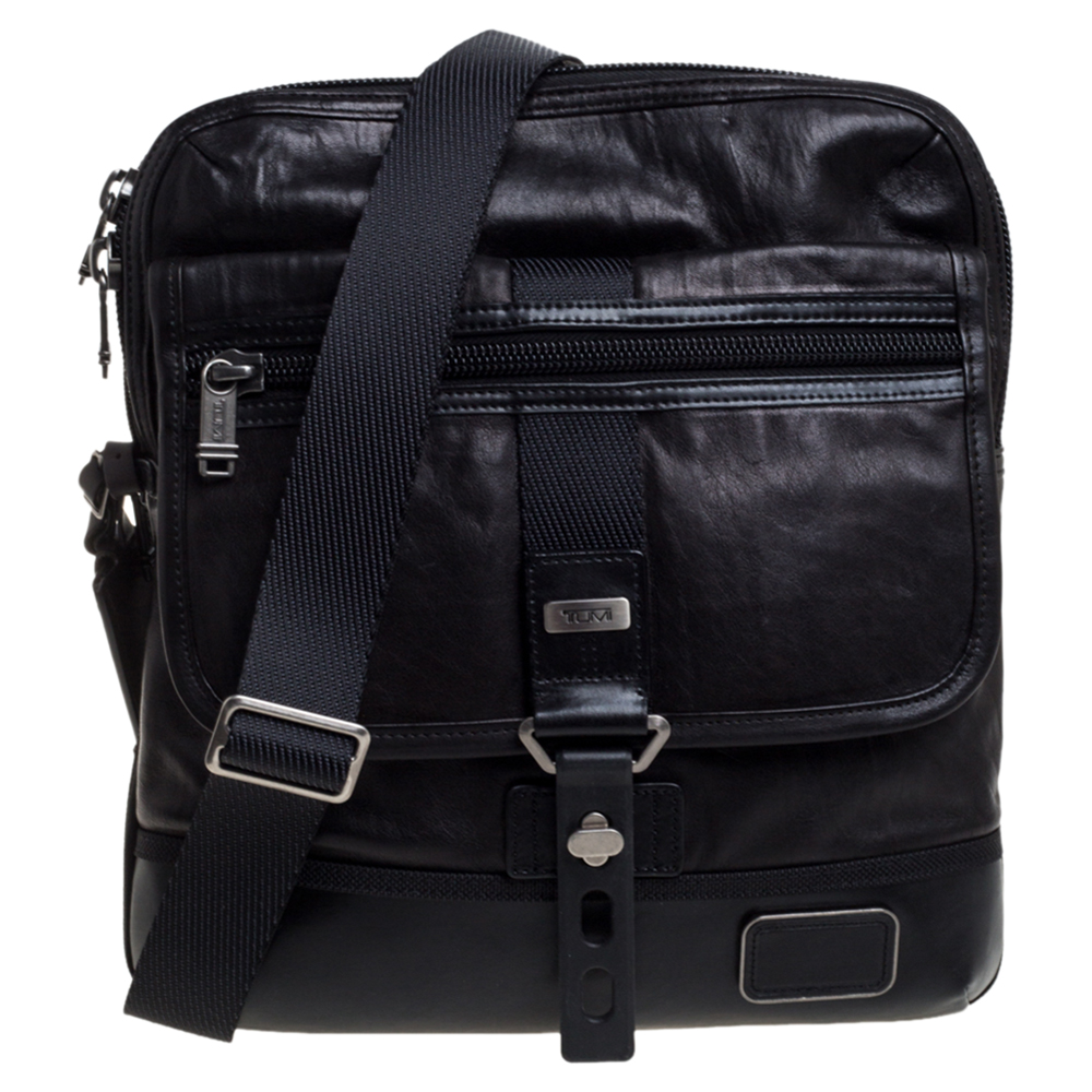 TUMI Black/Dark Brown Leather Annapolis Zip Flap Messenger Bag male